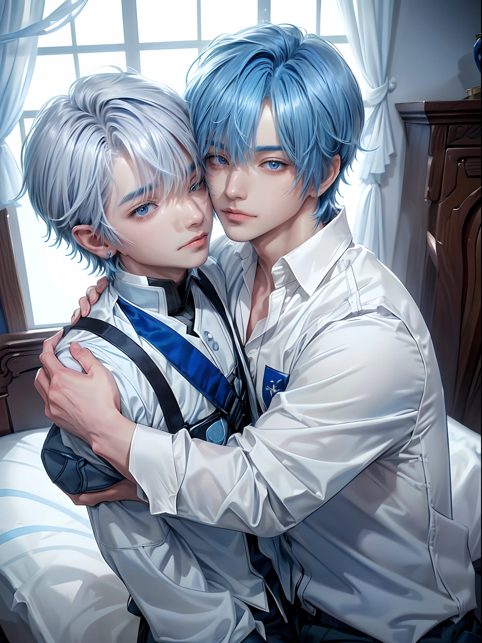 For two、Short-haired man、((Man with white hair and man with blue hair))、((Boys Love))、Man with neutral face with gray hair))、((Man with blue hair with wild face))、Male couple、White Y-shirt、Sexy figure with clothes fluttering、Happiness、youthfulness、lovey-dovey、the kiss、Kissing each other、Kiss while hugging、kiss together、R-18、((Yaoi))、Fantastical、American man、Adult male、Cool Men、((Adult male 26 years old))、Inside the villain's castle、Shot close to the face、((Focus zoom in))、((Shot by two))、Two people making love on the bed、tongue kiss