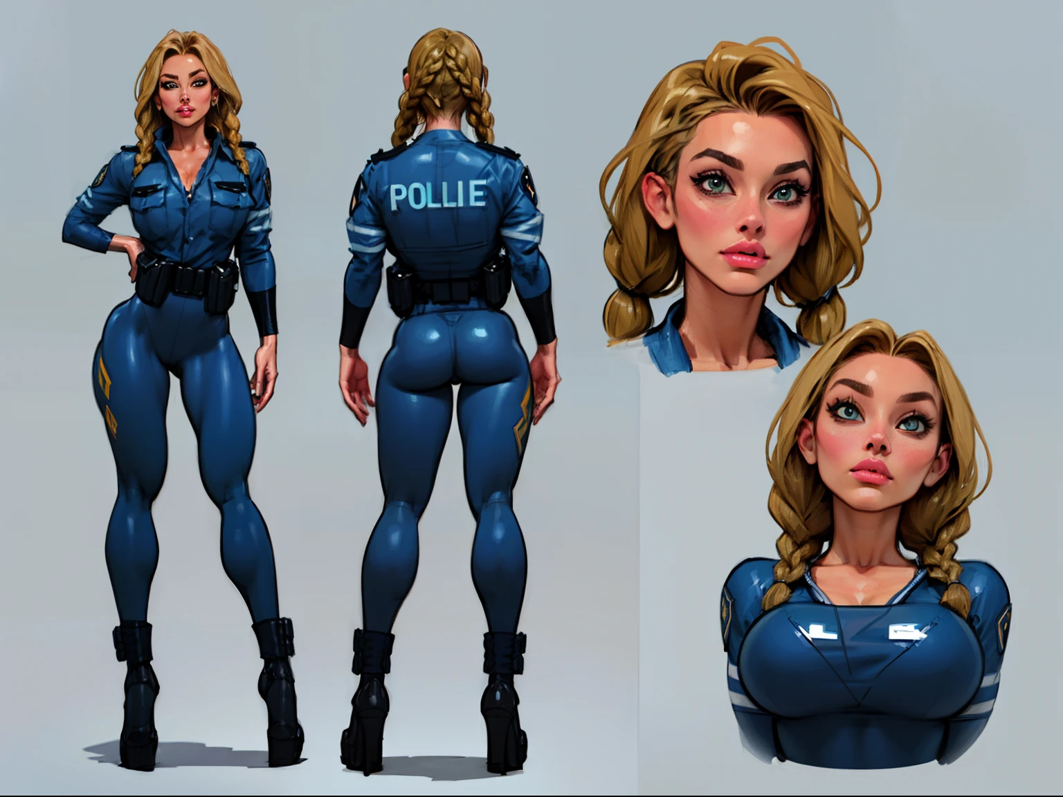 ((masterpiece)),(((best quality))),((character design sheet)), illustration,1woman, environment Scene change, (long braided hair:1.4),((futuristic police officer:1.5)), muscular, black legs, thick legs, (pale skin:1.3)scribbles and marks, light blue shirt, ((detailed face:1.1)), rough sketches, (puffy lips:1.5), pose too, ((brunette hair:1.2)), (police officer outfit:1.3) , 8k,16k, (simple background, light background: 1.3)