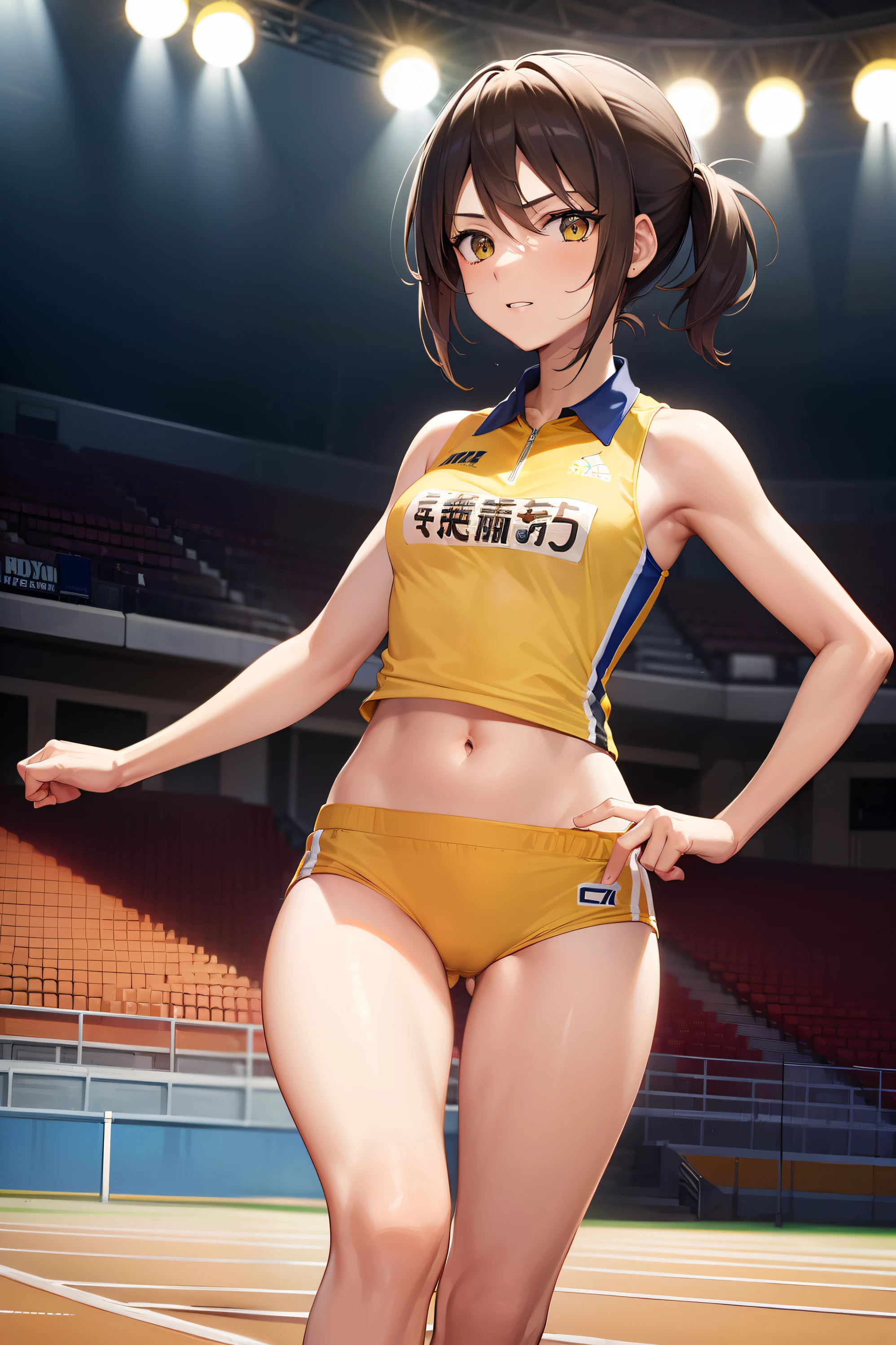 woman.(track and field). (world athletics).(yellow track uniform:1.2), sleeveless, (spectator seats).(packed auditorium).(separate track and field uniform).competition, perfect hands, thigh gap, show belly, running, side view
