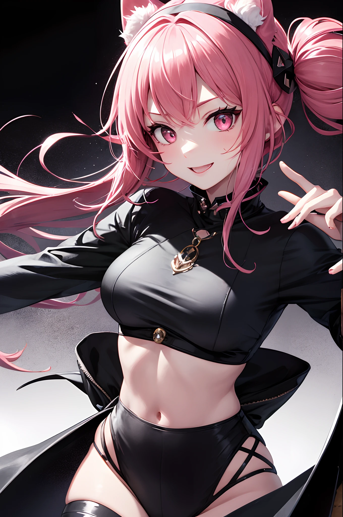 1 girl、a beauty、Dark and gloomy atmosphere、vhorrified、unbluish skin、A pink-haired、Pink glowing eyes、Twin-tailed、Double knot、Elaborate facial features、Solo posture、Crazy smile、Menhera、Diabolical、Dynamic angles、Dark background、Sharp Catch Light、Deep Depth Of Field、strong contrasts、cowboy shot、Positive image、Landscapes with a deep sense of space。