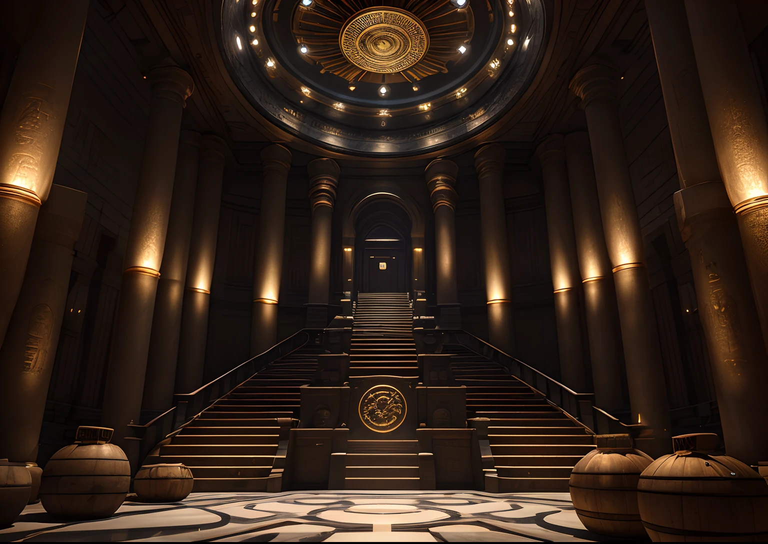 Huge product on the steps,The steps are flanked by rows of wooden barrels、There are continuous permutations、There is a huge medallion in the background,Incredible black luxury futuristic interior in ancient Egyptian style,Including lotus、palmeiras、hyeroglyphics、stone wall、sand、marbled、Precious minerals、metals、Pedras preciosas、crystal、clouds and water、alligators、Ultra Luxo、Black marble - with beautiful lighting,unreal-engine,hqr,16k
