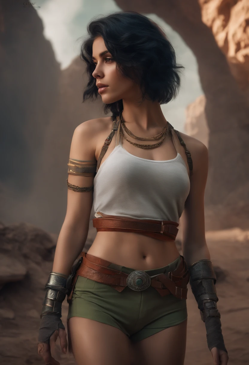 Bright shot: 1.3), epic realistic, yellow eyes, girl raider, (one girl), light gray non-transparent short sleeve top, transparent fabric at the waist, wavy hair 1.4, (dark blue hair), short hair, dark blue and orange color scheme, (light green shorts), aesthetics of wasteland and canyons!!! n ruins, soft cinematic light, Adobe Lightroom, darkroom, HDR, intricacy, green bracelets on the arms, straps from red thrings over transparent fabric at the waist, thong under shorts
