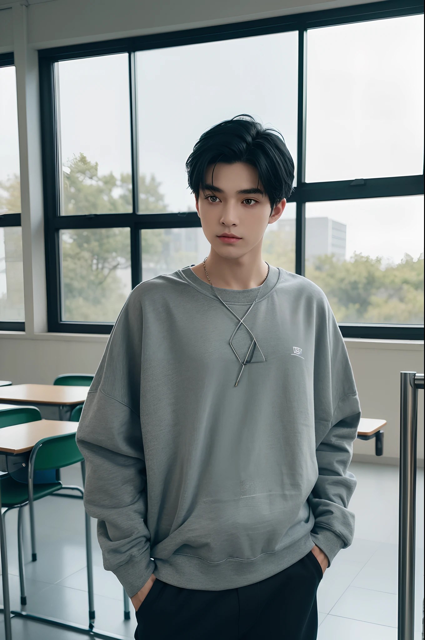1 boy with black hair, dark blue tips, short shoulder pole, green eyes, well detailed, light skin, black pants and wide grey sweatshirt in a classroom with a mobile phone in hand, high quality