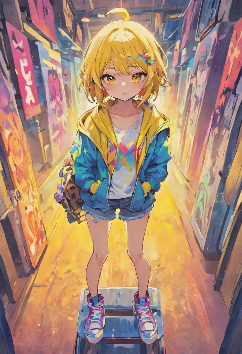 The most beautiful sexy skateboarding girl, rainbow colour hair, Yellow eyes, wearing hoodie, Graphic T-shirt, Ripped skinny jeans and highly detailed skateboarding gear, Lots of tattoos and piercings, highly detailed back ground, Perfect masterpiece, High quality, high resolution