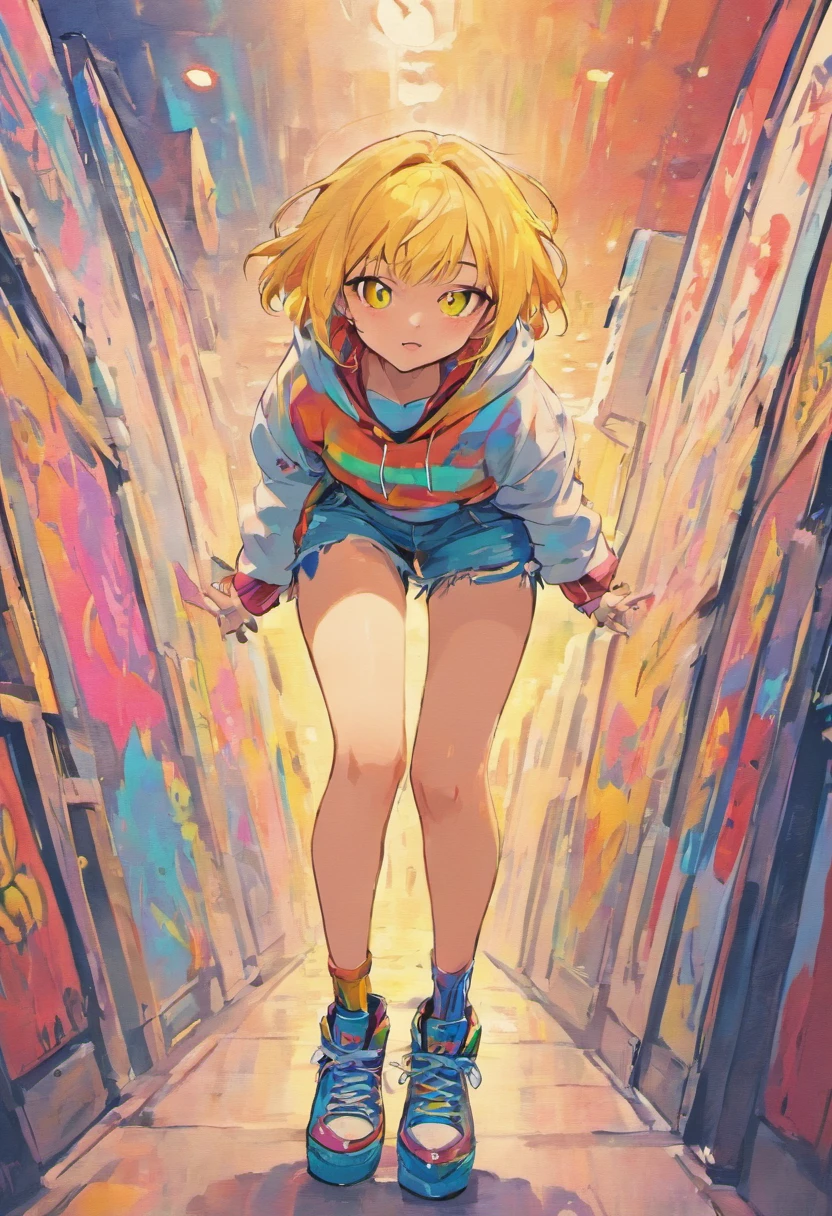 The most beautiful sexy skateboarding girl, rainbow colour hair, Yellow eyes, wearing hoodie, Graphic T-shirt, Ripped skinny jeans and highly detailed skateboarding gear, Lots of tattoos and piercings, highly detailed back ground, Perfect masterpiece, High quality, high resolution