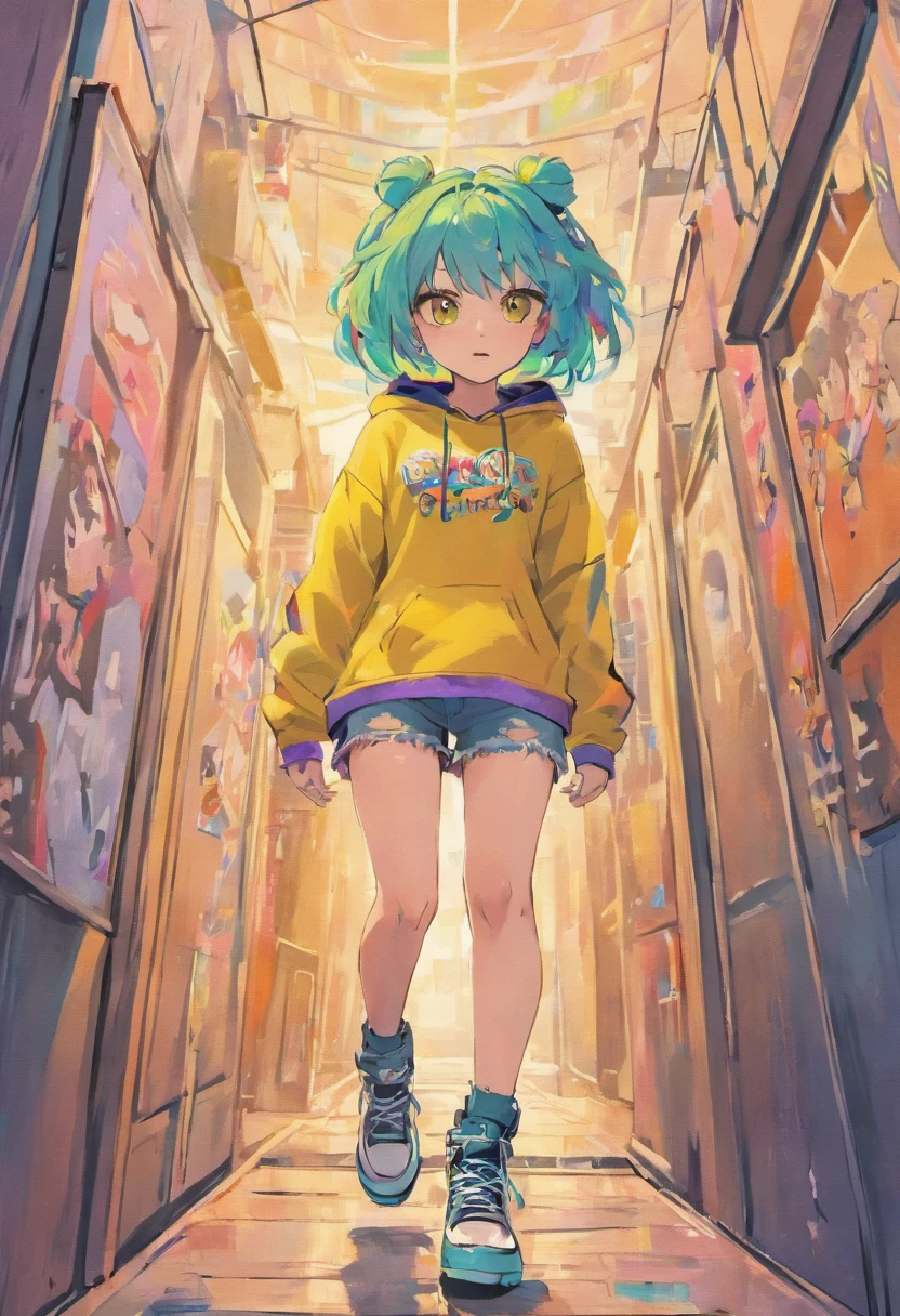 The most beautiful sexy skateboarding girl, rainbow colour hair, Yellow eyes, wearing hoodie, Graphic T-shirt, Ripped skinny jeans and highly detailed skateboarding gear, Lots of tattoos and piercings, highly detailed back ground, Perfect masterpiece, High quality, high resolution