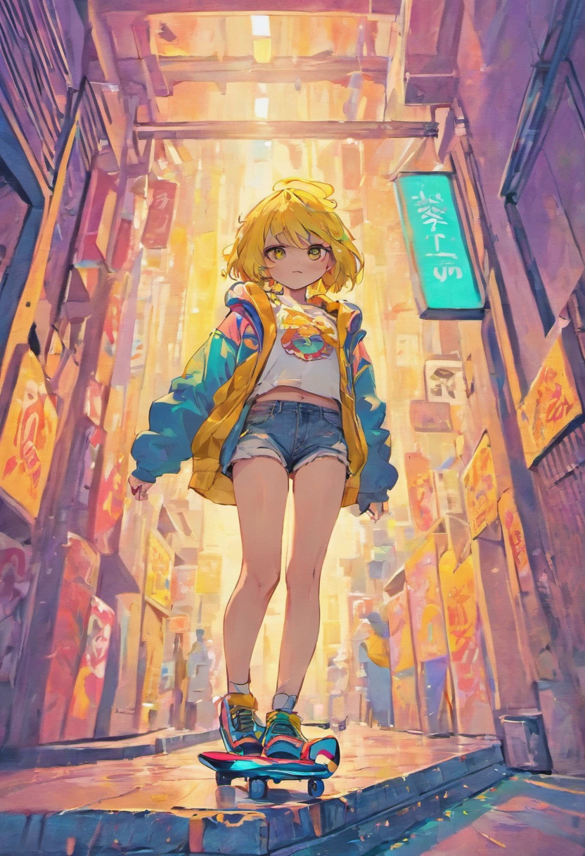 The most beautiful sexy skateboarding girl, rainbow colour hair, Yellow eyes, wearing hoodie, Graphic T-shirt, Ripped skinny jeans and highly detailed skateboarding gear, Lots of tattoos and piercings, highly detailed back ground, Perfect masterpiece, High quality, high resolution