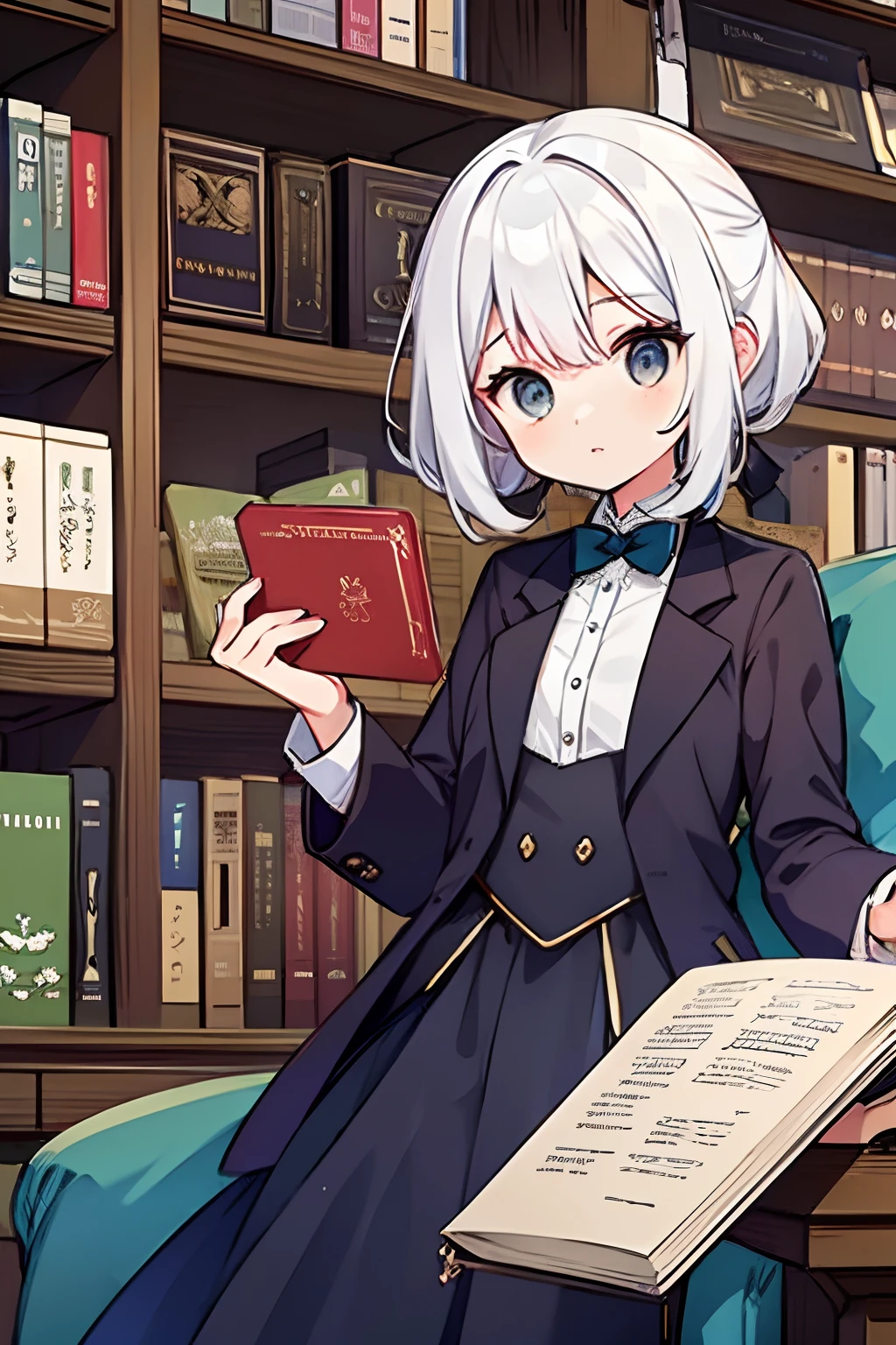 {high quality}, library, {girl with white hair and jade eyes}, {having fine books}, {wearing a navy blue tuxedo}, noble, elegant,