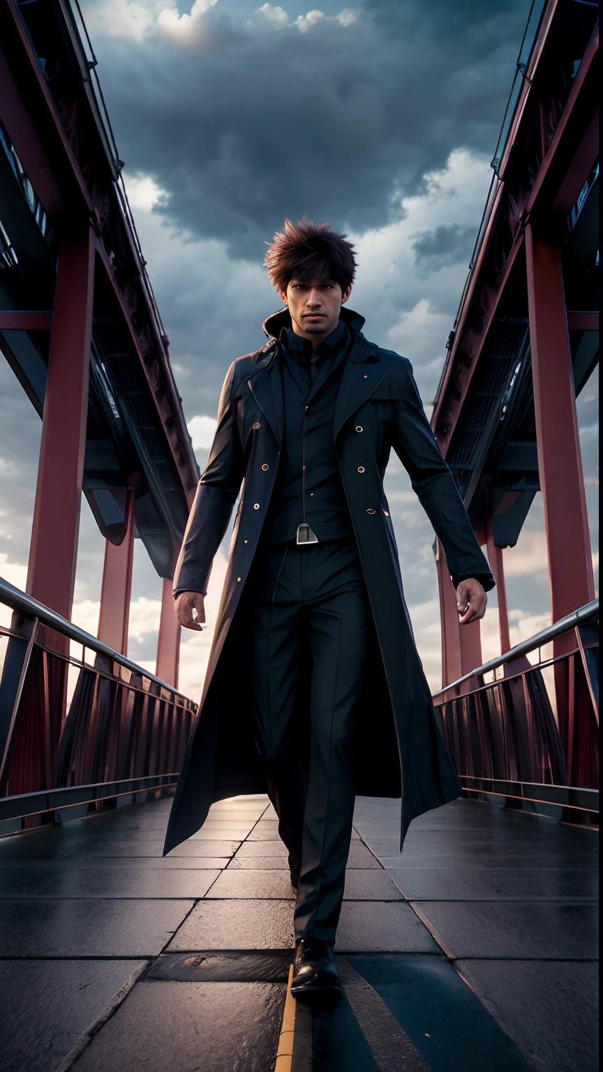 A man in a raincoat walks across a bridge, single character full body, HDR Beautiful Pose