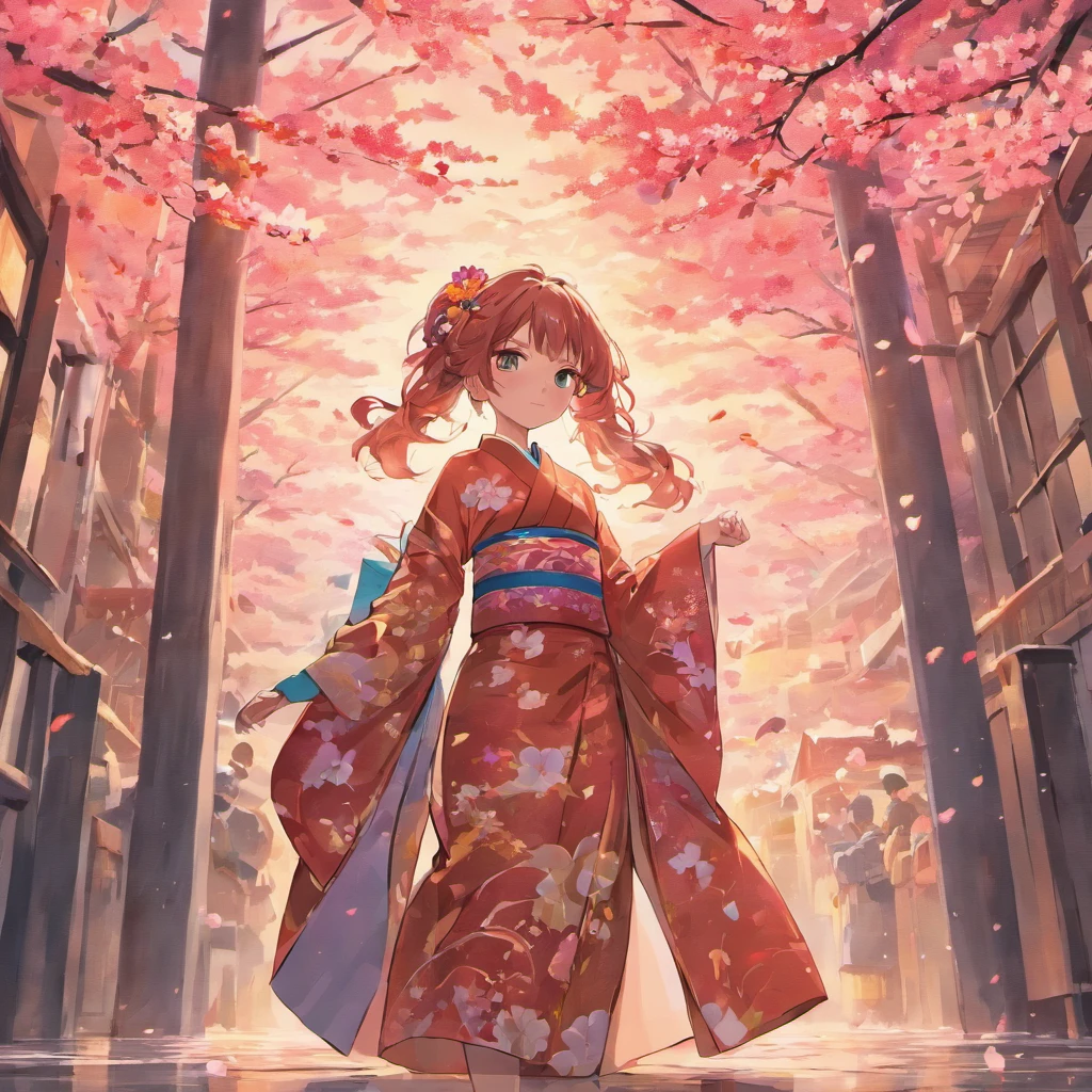 (best quality,4k,highres),detailed kimono,anime couple,standing in front of a building,traditional Japanese art style,vibrant colors,soft lighting,sakura blossoms,futuristic architecture,cityscape background,flowing hair,romantic atmosphere