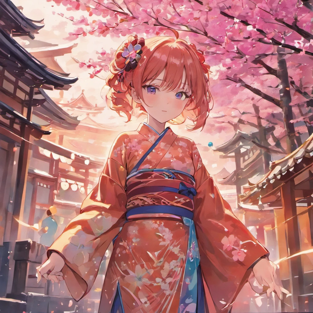 (best quality,4k,highres),detailed kimono,anime couple,standing in front of a building,traditional Japanese art style,vibrant colors,soft lighting,sakura blossoms,futuristic architecture,cityscape background,flowing hair,romantic atmosphere