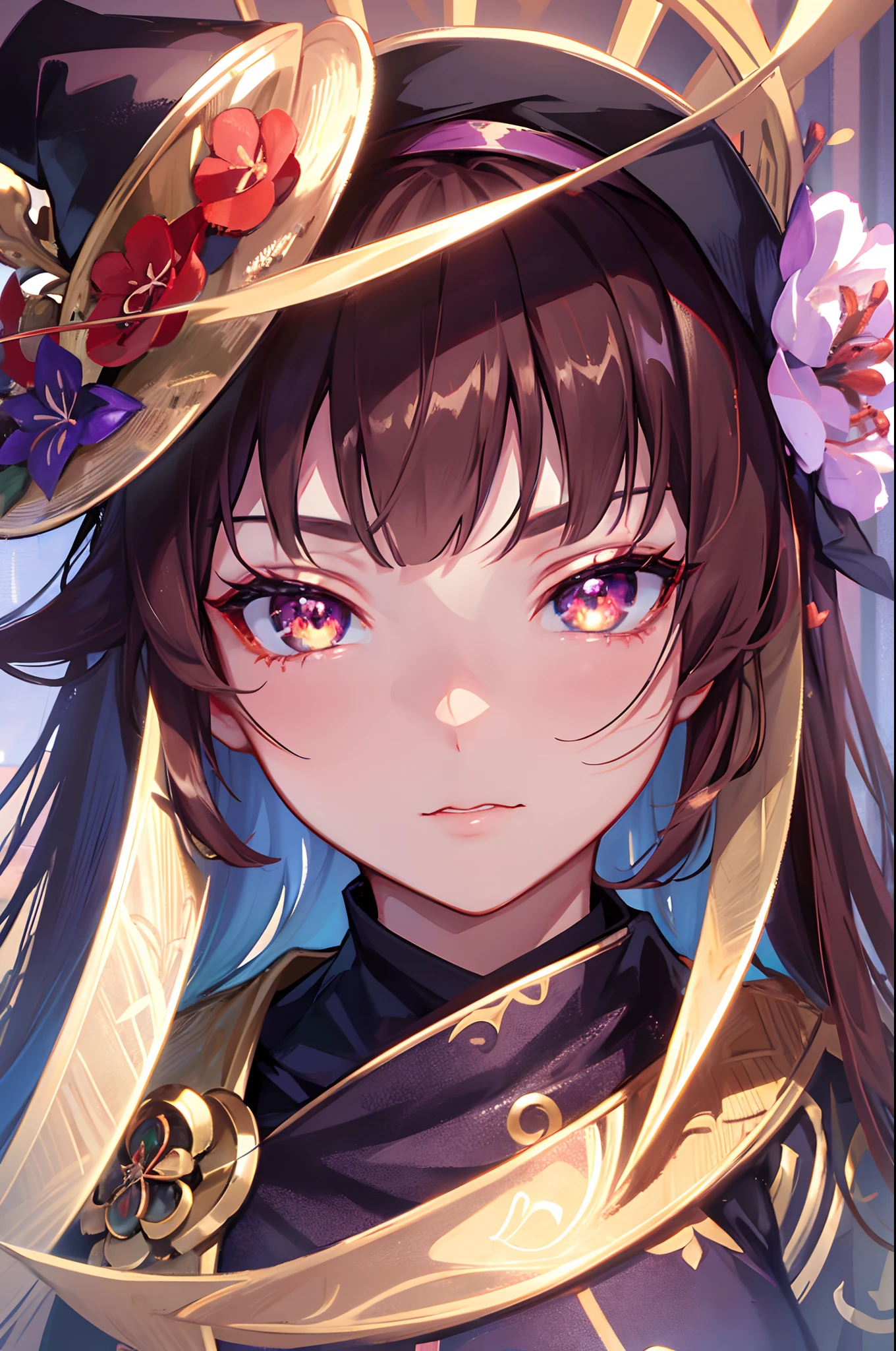 face, closeup, closeup shot, shiny hair, shiny clothes, shiny, extremely detailed eyes, extreme details, realistic, cinematic, detailed, masterpiece, 4k, 8k, , PunkAI,, FantasyAI_Burple,, indoors, hu tao (genshin impact), genshin impact, hat, symbol-shaped pupils, red eyes, brown hair, star-shaped pupils, flower-shaped pupils, bangs, black nails, black headwear