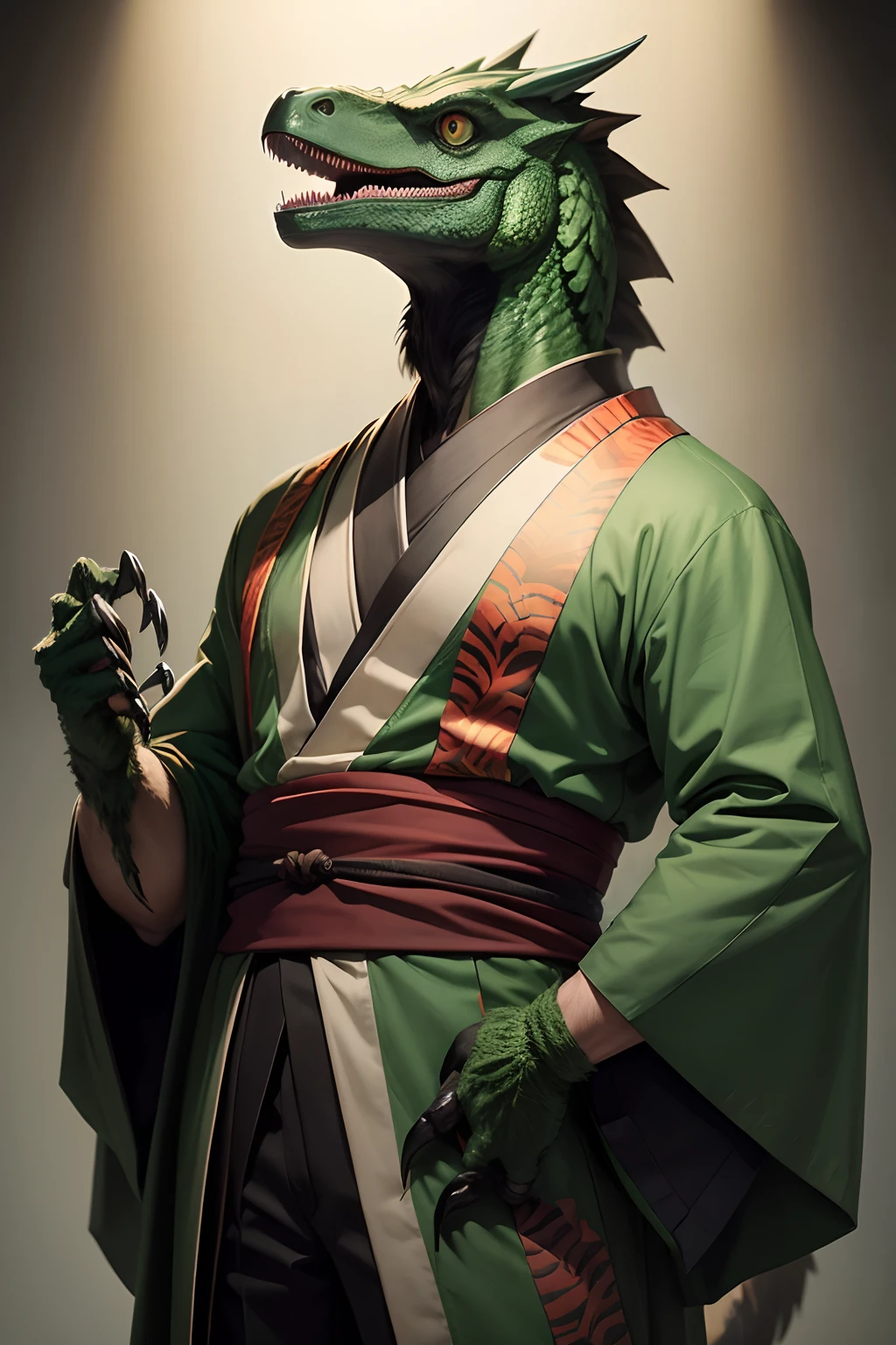 a man with the head and claws of a green velociraptor, wearing kimono