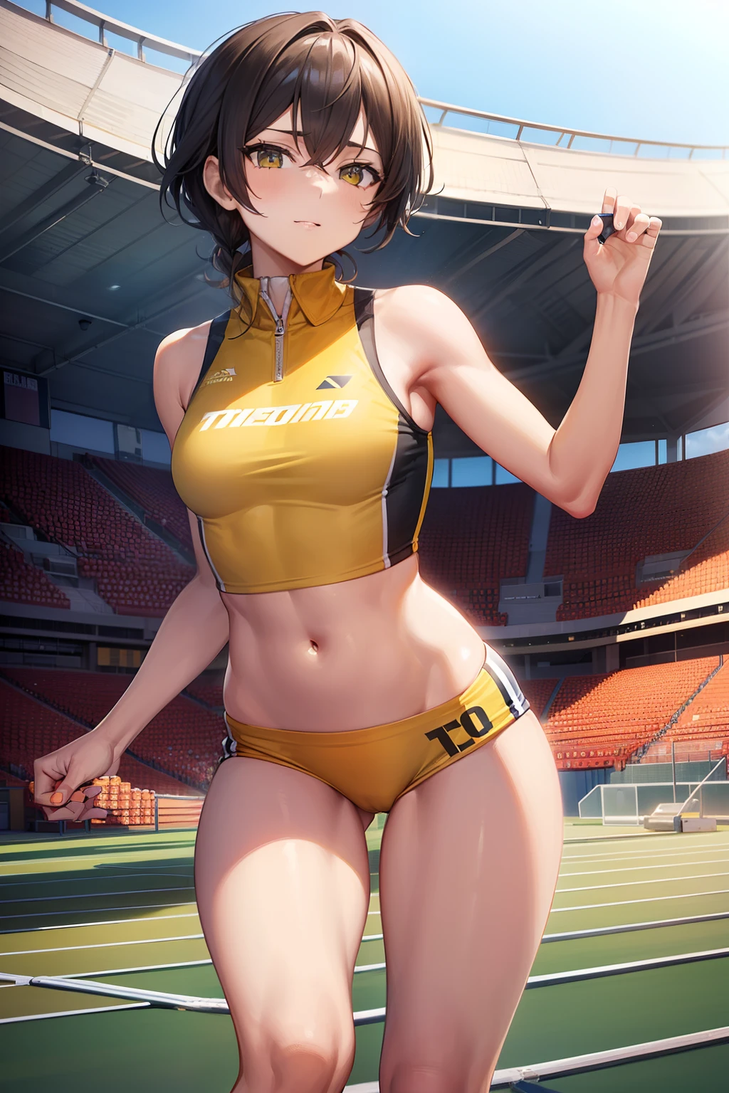 woman.(track and field). (world athletics).(yellow track uniform:1.2), sleeveless, (spectator seats).(packed auditorium).(separate track and field uniform).competition, perfect hands, thigh gap, show belly, running