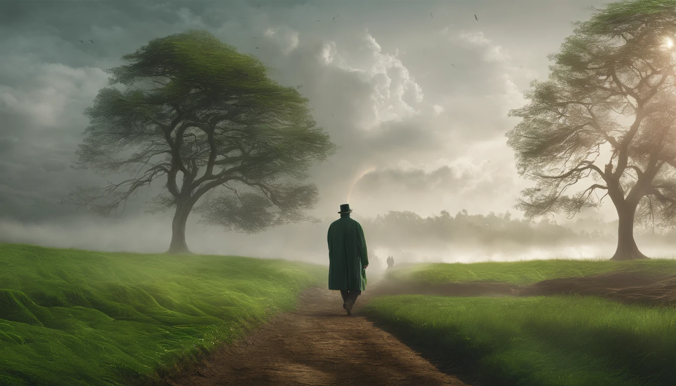 a green path in the middle of a darker field, ((((giant sun)))),an ultrafine detailed painting by Daren Bader, shutterstock contest winner, neo-romanticism, soft mist, made of mist, deviantart,Fujifilm XT3,by Steve McCurry, by Alessio Albi, by Lee Jeffries, by Herb Ritts, by Jeremy Man，long shot,wide view, commercial photography