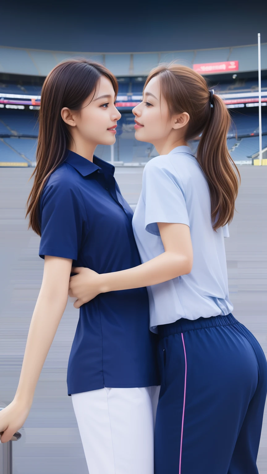 (bestquality,10,10,highres,masterpiece:1.2),ultra-detail,(Realistic,photorealistic portrait,photo-realistic:1.37),1 Cute girl in the football field,oily shiny skin,bara,light smile,BDclothes,((blue shirt:1.3)),short sleeves,shirt, trousers.,(navy_long_Pants Track:1.1), ((Stadium Background:1.3)),dynamic angle,excited,face focus,Dynamic Poses,from behide,Ass Focus,masterpiece, bestquality, ultra realistic, hyper-detail, 8k resolution, RAW photo, crisp focus, ((Navy blue shirt:1.1)), short sleeves, Long Path, Perfect body, 2 mature women, 18yo, cinematic light,Blue sweatpants,Gymware,Correct anatomy,Complete body, Correct body, sharp face, Anatomically correct body, full entire body, Realistic gestures, long-haired, Realistic poses,Wear long shorts.....,Long leg span,Shapely,Sculpting Girl, 2 girls kissing each other, Realistic kiss, Slender Figure, mannequin mannequins, Shapely, Beautiful body