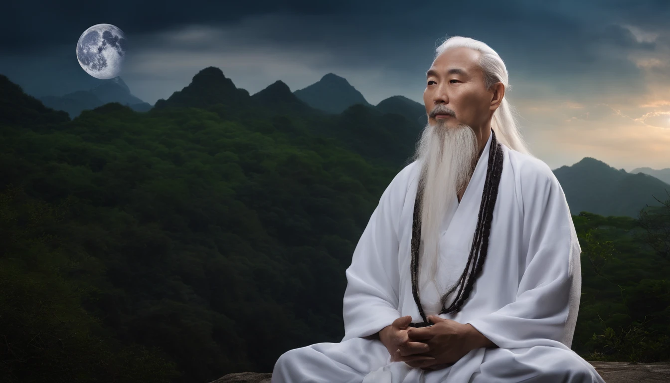 30-year-old Asian middle-aged Taoist elder sitting on stone close-up,long  white hair，A meditative，There is a white beard，Meditation cross-legged，Daoism, Wear a white robe and a white belt，Space starry sky background，magic aura，Taoist master,Taoist，universe background，at centre，Face the lens，Very bright colors, Light particles, with light glowing, Mshiv, wallpaper art, UHD wallpaper