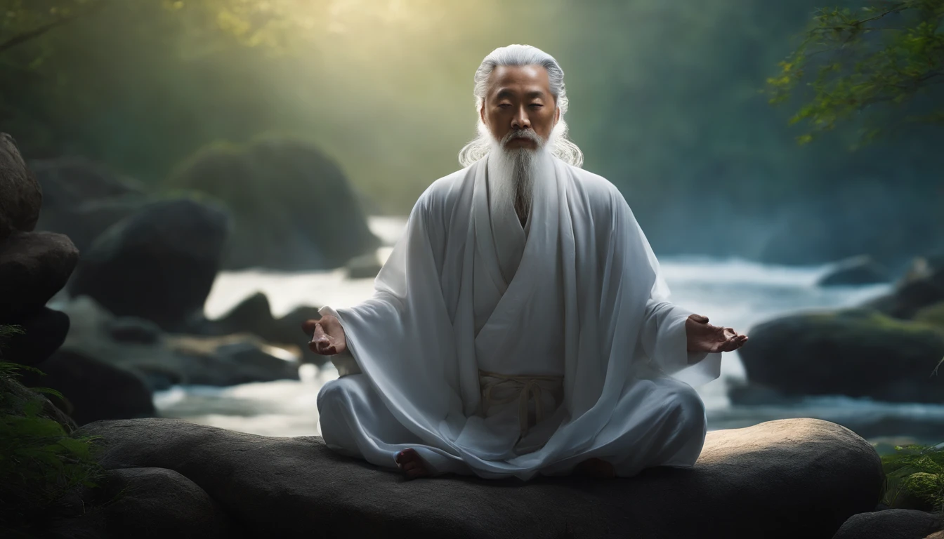 30-year-old Asian middle-aged Taoist elder sitting on stone close-up,long  white hair，A meditative，There is a white beard，Meditation cross-legged，Daoism, Wear a white robe and a white belt，Space starry sky background，magic aura，Taoist master,Taoist，universe background，at centre，Face the lens，Very bright colors, Light particles, with light glowing, Mshiv, wallpaper art, UHD wallpaper