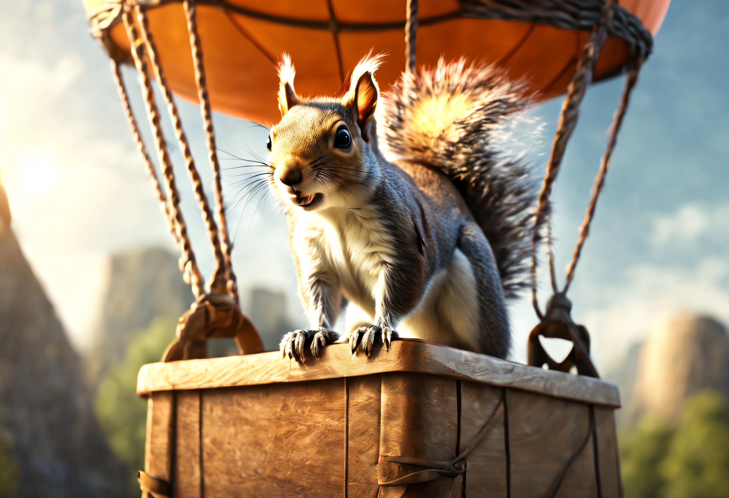 (best quality, 4k, 8k, high resolution, masterpiece: 1.2), ultra detailed, (realistic, photorealistic, photorealistic: 1.37), An adventurous squirrel traveling in a hot air balloon. Backlit construction scene.