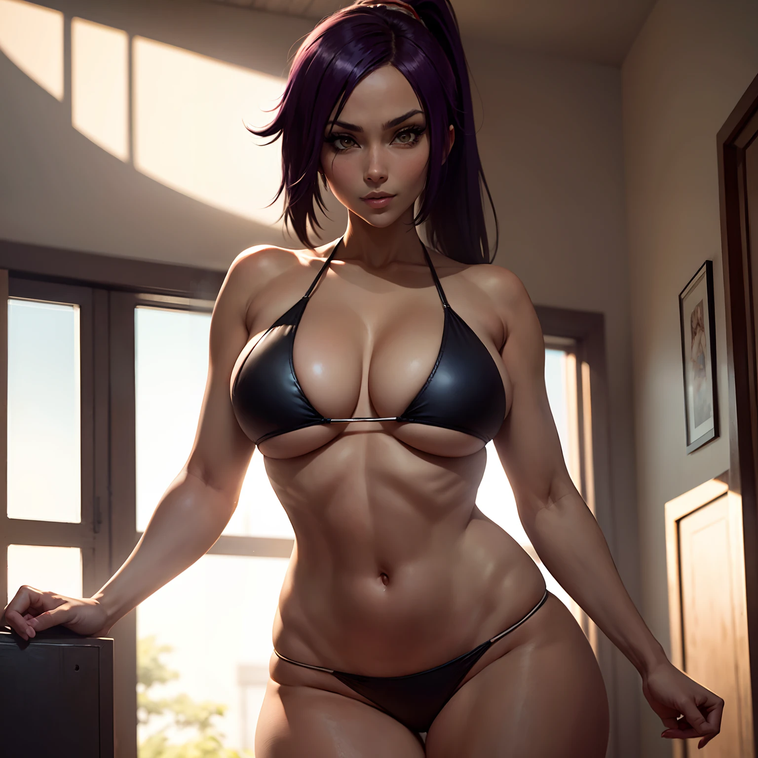 (masterpiece), best quality, expressive eyes, perfect face, yoruichi shihon from bleach in sexy bikini 30 year old women seductive body big breasts big thigs facing towards screen curvy body parted lips  feminine figure body in  bikini, Lockhart beautiful expressive eyes ,  4k backlighting smirky face full sexy body