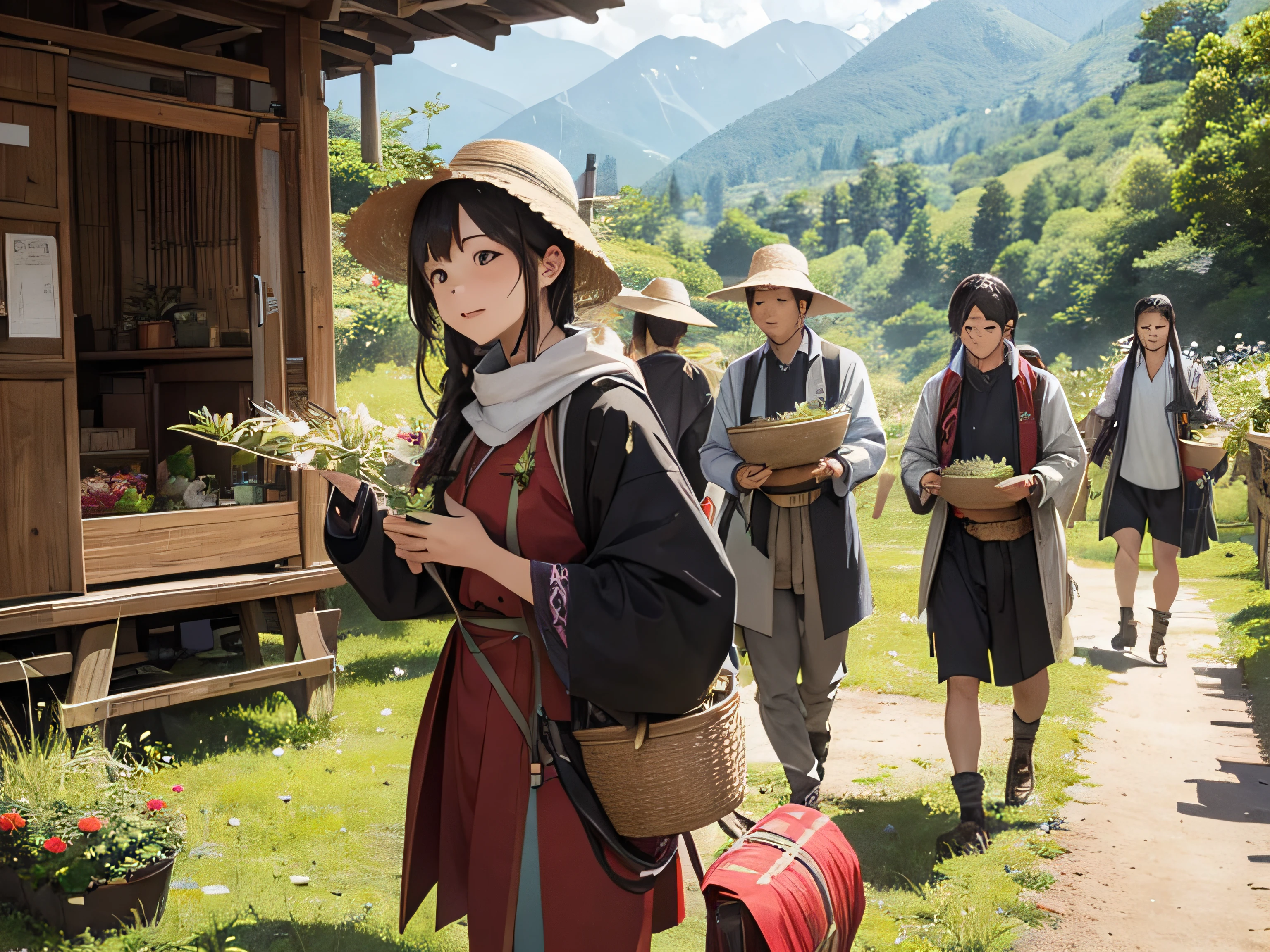 Fifteen men and women、Feeding wild plants、in mountains、harvest、