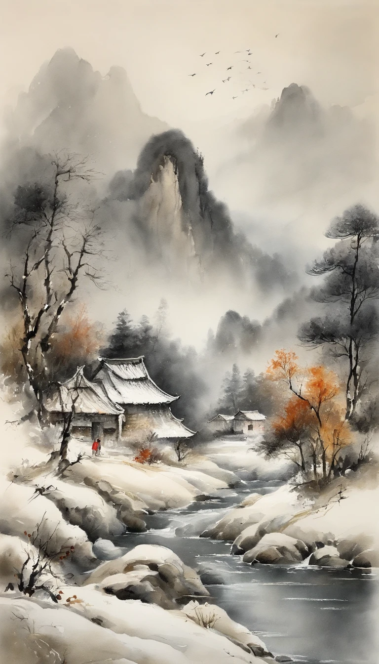 Chinese landscape painting，ink and watercolor painting，water ink，ink，Smudge，Faraway view，Ultra-wide viewing angle，Meticulous，Fishing boat vistas，Meticulous，Smudge，low-saturation，Low contrast，Fishing alone in the cold river snow，snow landscape，Beautifully depicted，A detailed，acurate，Works of masters，tmasterpiece