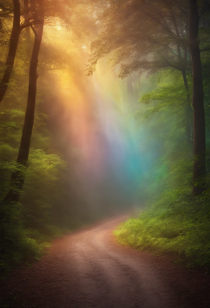 The rainbow path is a tree々And through the rainbow forest, Rainbow Trail, ethereal rainbows, Complex rainbow environment, magical forest backround, enchanted magical fantasy forest, magical forest, Beautiful spectrum of vibrancy, magical fantasy forest, magic fairy forest, An enchanted forest, MagicWorld. Colorful, Magic forest in the background, rainbow, magical colors and atmosphere