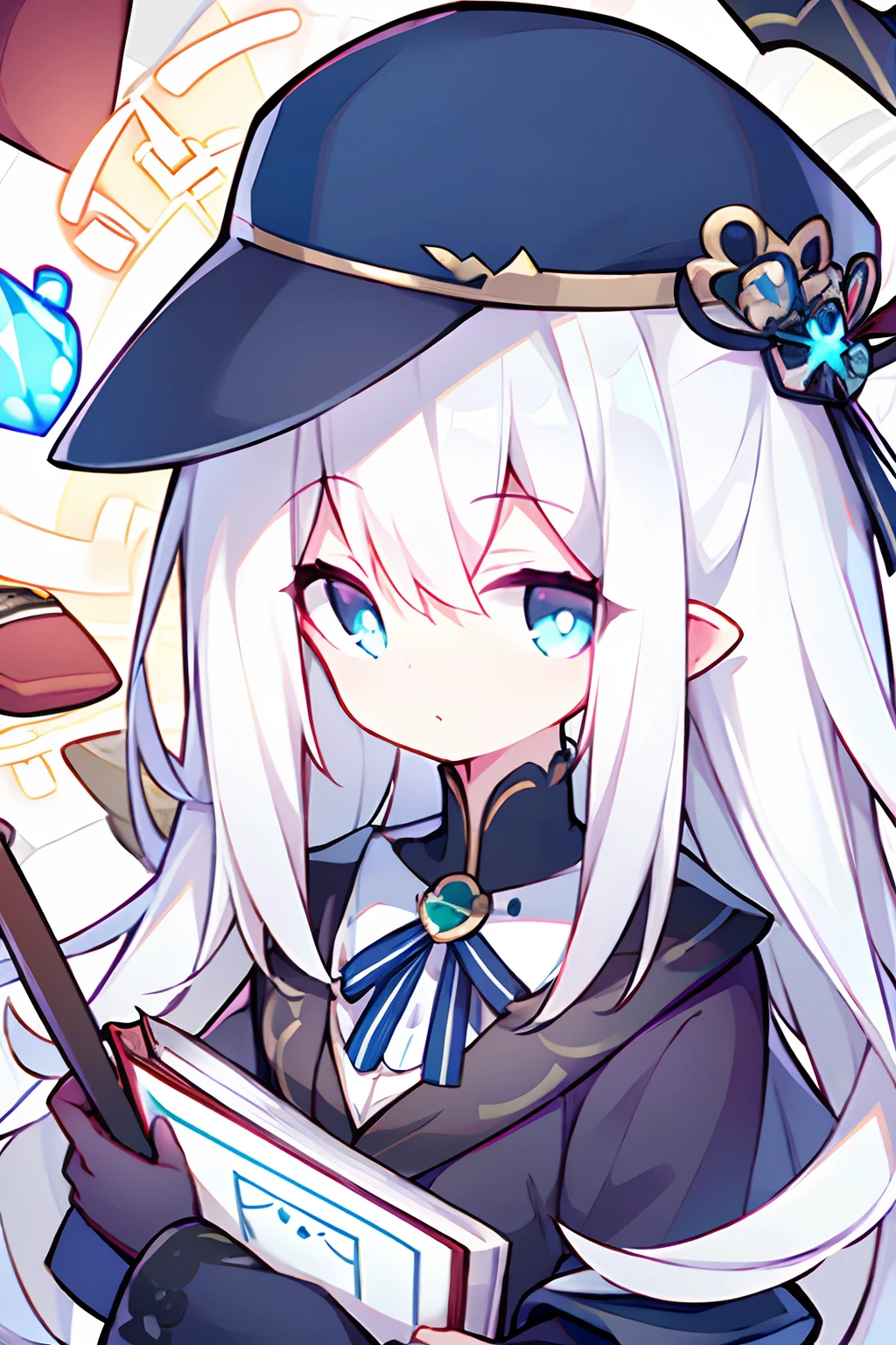 {high quality}, library, {girl with white hair and jade eyes}, {having fine books}, {wearing a navy blue tuxedo}, noble, elegant,