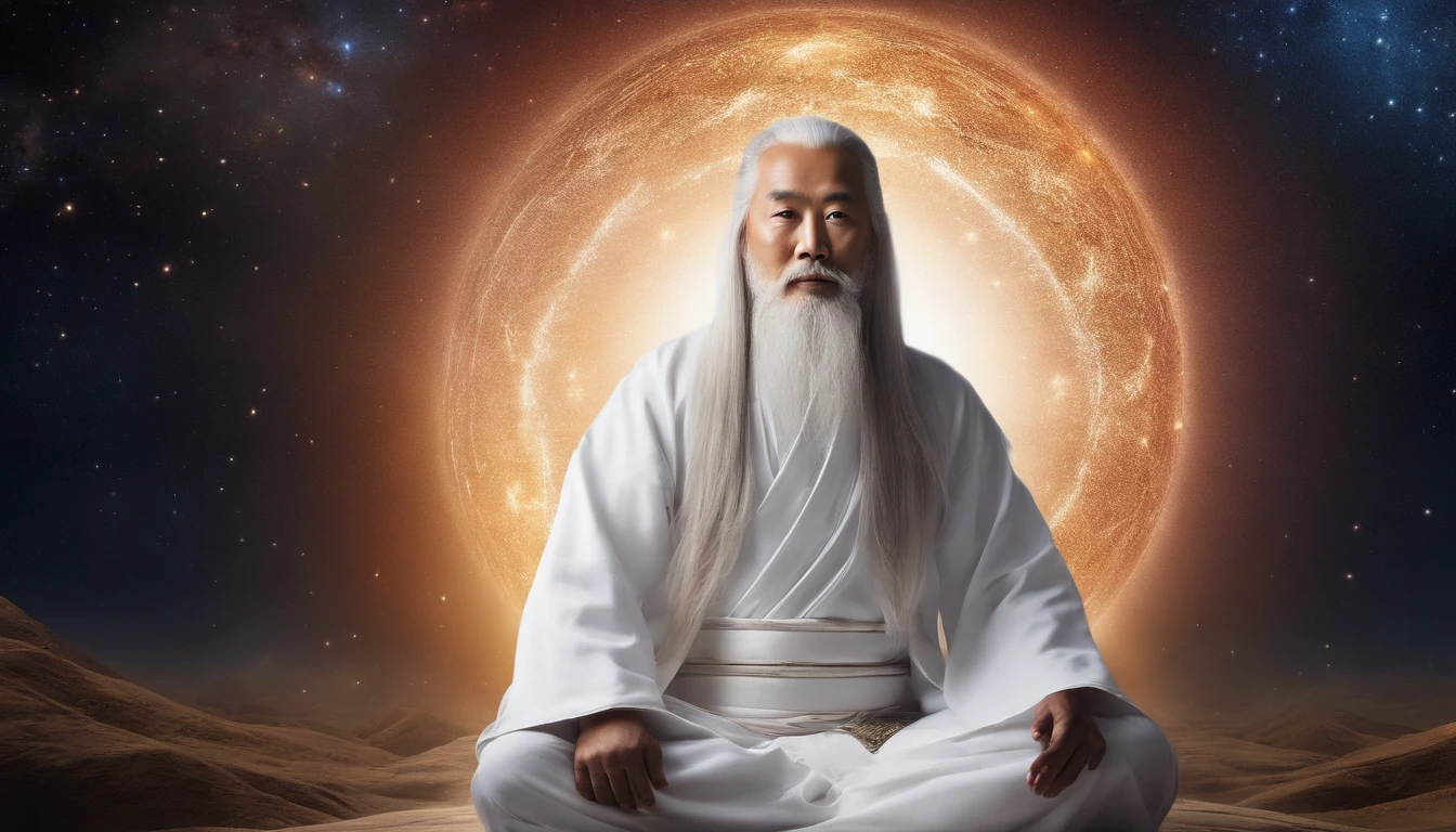 30-year-old Asian middle-aged Taoist elder sitting in the universe close-up,long white hair,A meditative,Has a white beard,Meditation cross-legged,Daoism, Wear a white robe and a white belt,Space starry sky background,milky ways,magic aura,Taoist master,Taoist,universe background,at centre,Face the lens,Very bright colors, Light particles, with light glowing, Mshiv, wallpaper art, UHD wallpaper