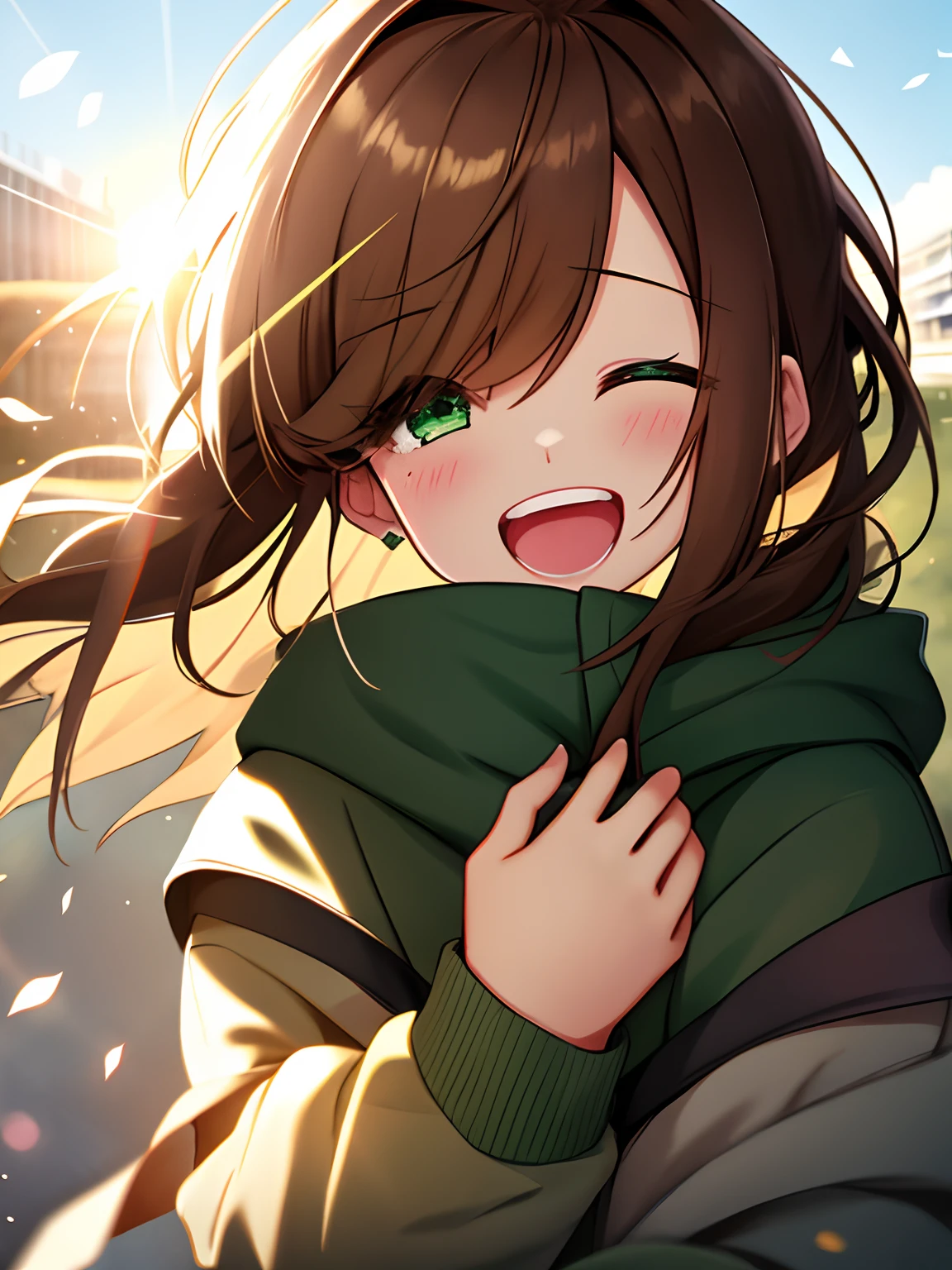girl with、Cozy dull green hoodie、The upper part of the body、(Huge laughter:1.1)、(Opening Mouth:1.1)、(widely opened eyes:1.2)、Sun glare、bokeh dof、depth of fields、blurry backround、Particles of light、heavy wind、(Heart particles:1.1)、Brown hair、Green eyes、