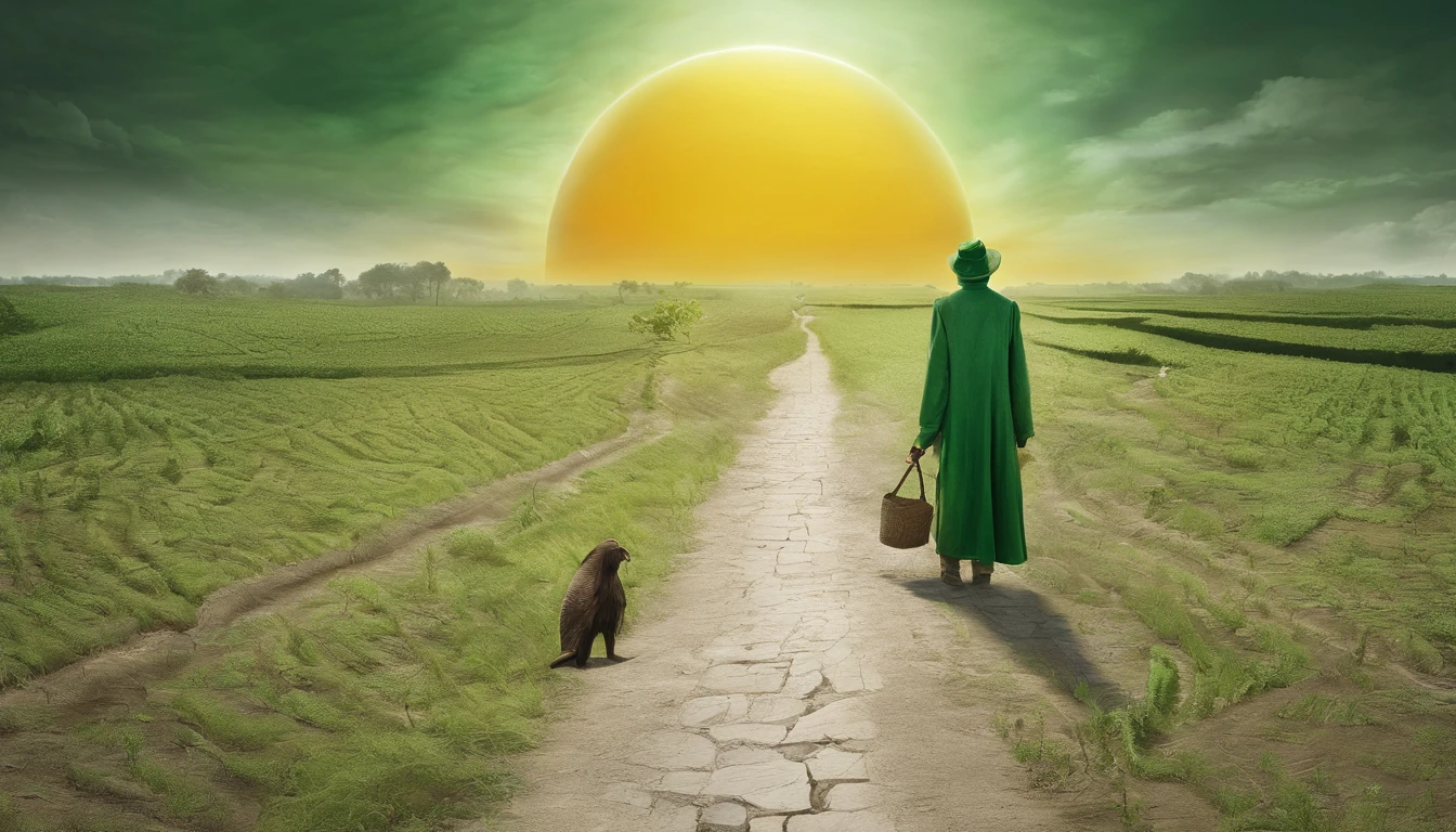 a green path in the middle of a darker field, ((((giant sun)))),an ultrafine detailed painting by Daren Bader, shutterstock contest winner, neo-romanticism, soft mist, made of mist, deviantart,Fujifilm XT3,by Steve McCurry, by Alessio Albi, by Lee Jeffries, by Herb Ritts, by Jeremy Man,long shot,wide view, commercial photography