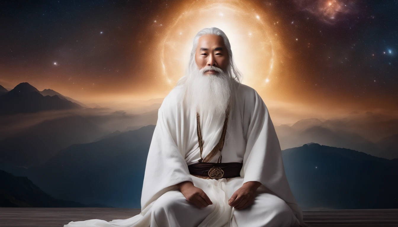 30 years old Asian middle-aged Taoist elder sitting in cosmic close-up,long white hair,A meditative,There is a white beard,Meditation cross-legged,Daoism, Wear a white robe and a white belt,Space starry sky background,at centre,Face the lens,milky ways,magic aura,Taoist master,Taoist,universe background,Very bright colors, Light particles, with light glowing, Mshiv, wallpaper art, UHD wallpaper