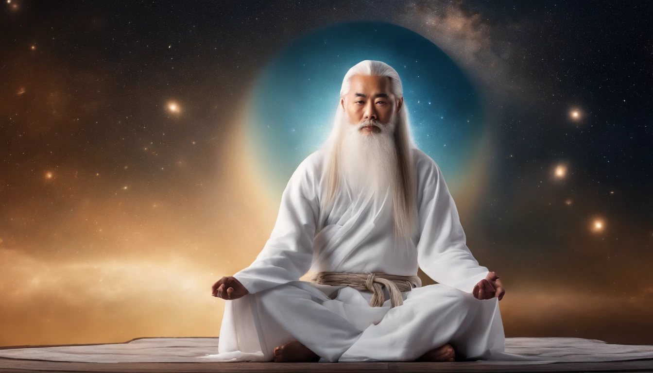 30 years old Asian middle-aged Taoist elder sitting in cosmic close-up,long  white hair，A meditative，There is a white beard，Meditation cross-legged，Daoism, Wear a white robe and a white belt，Space starry sky background，at centre，Face the lens，milky ways，magic aura，Taoist master,Taoist，universe background，Very bright colors, Light particles, with light glowing, Mshiv, wallpaper art, UHD wallpaper