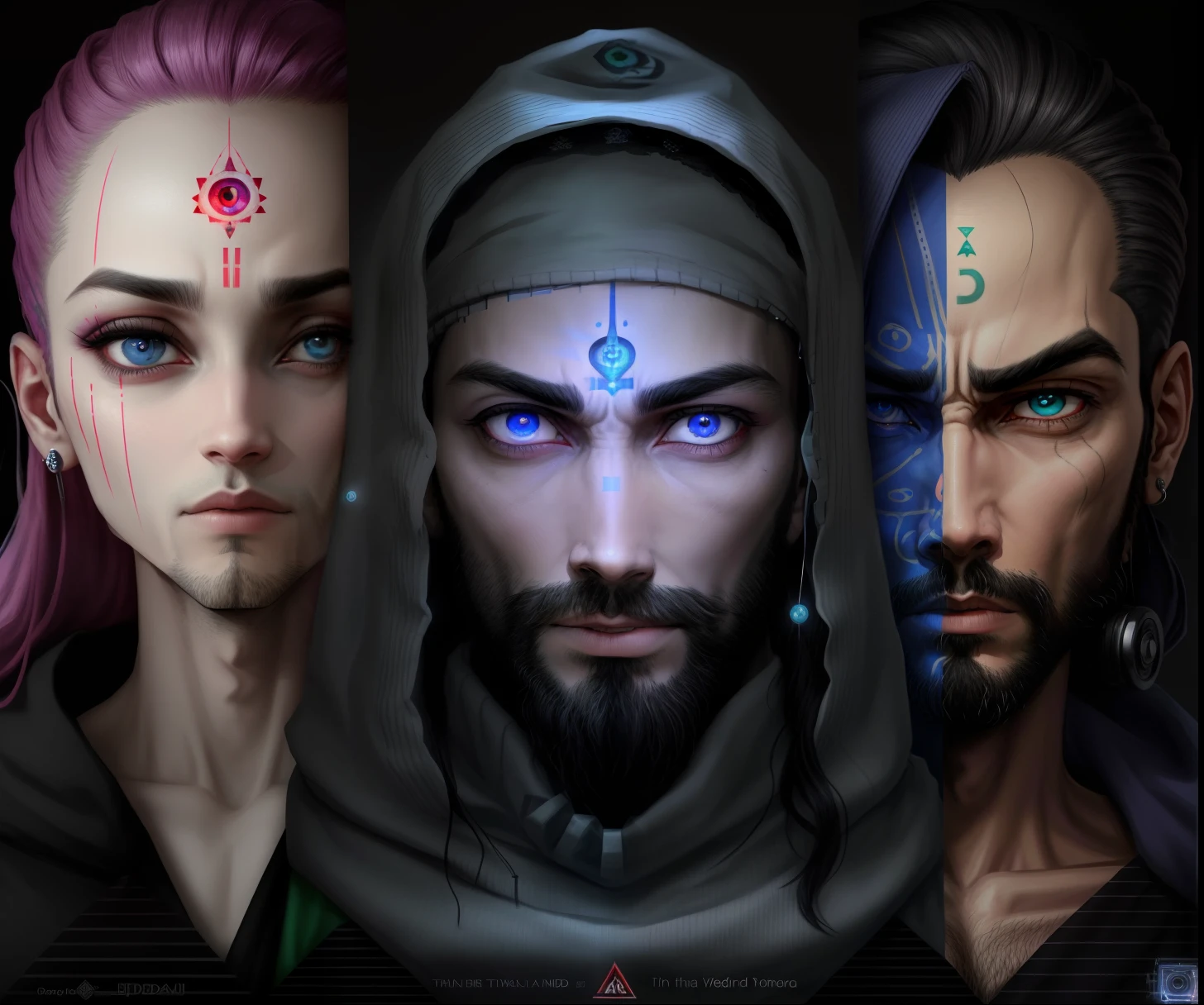 arafed image of a man with a beard and a hood on, 3rd eye, third eye in middle of forehead, third eye middle of forehead, opening third eye, third eye, cyberpunk jesus christ, channeling third eye energy, the annunaki making humans, india tika third eye, jesus face, the face of god, third - eye visions