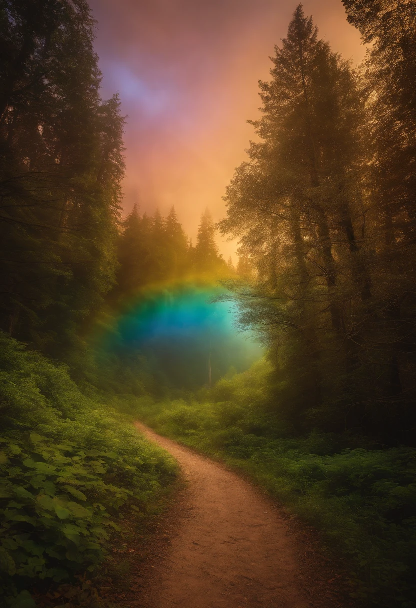 The rainbow path is a tree々And through the rainbow forest, Rainbow Trail, ethereal rainbows, Complex rainbow environment, magical forest backround, enchanted magical fantasy forest, magical forest, Beautiful spectrum of vibrancy, magical fantasy forest, magic fairy forest, An enchanted forest, MagicWorld. Colorful, Magic forest in the background, rainbow, magical colors and atmosphere