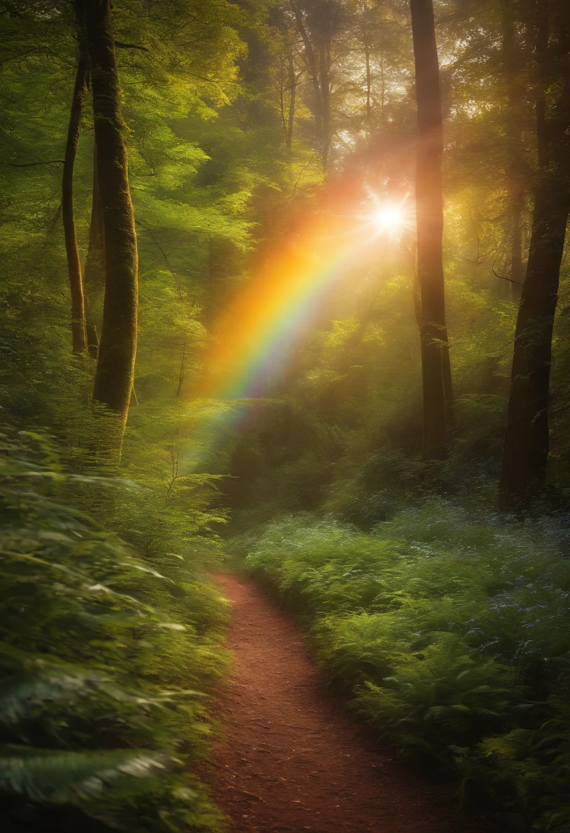 The rainbow path is a tree々And through the rainbow forest, Rainbow Trail, ethereal rainbows, Complex rainbow environment, magical forest backround, enchanted magical fantasy forest, magical forest, Beautiful spectrum of vibrancy, magical fantasy forest, magic fairy forest, An enchanted forest, MagicWorld. Colorful, Magic forest in the background, rainbow, magical colors and atmosphere