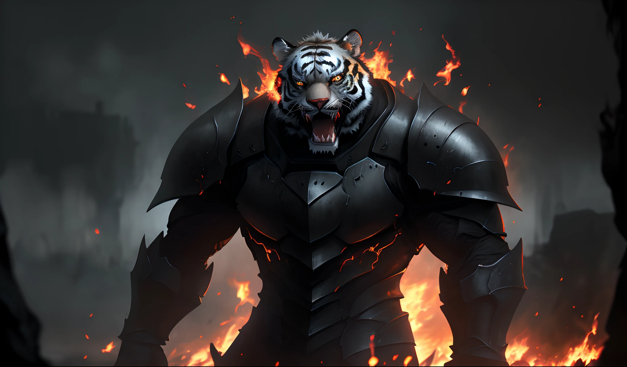 Tiger man,wearing black knight suit,standing,battlefield background,big muscles,open wide mouth show sharp teeth,The surrounding effect radiates flames,spreading its arms.(best quality:1.2),ultra-detailed,realistic:1.37,highres,physically-based rendering,vivid colors,portraits,sharp focus,HDR,studio lighting,warrior-like,vibrant colors,menacing aura,horror-like ambiance,ominous dark tones,lit by flickering flames.