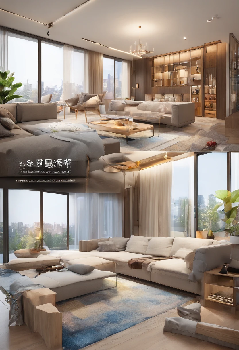 (Best quality,A high resolution:1.2), Ultra-detailed, Spacious open living room,Emphasize a sense of height (Compact layout), For example, The section close to the window can be raised to create a relaxation area. The entrance can be a small cloakroom (Like hotel entrance). Can the kitchen and living room be more transparent (If it is a load-bearing wall, Can it withstand half of the load-bearing wall and half of the glass, It's so depressed now). Combine 2 bedrooms into 1,Accommodates 2 adults and 2 children.