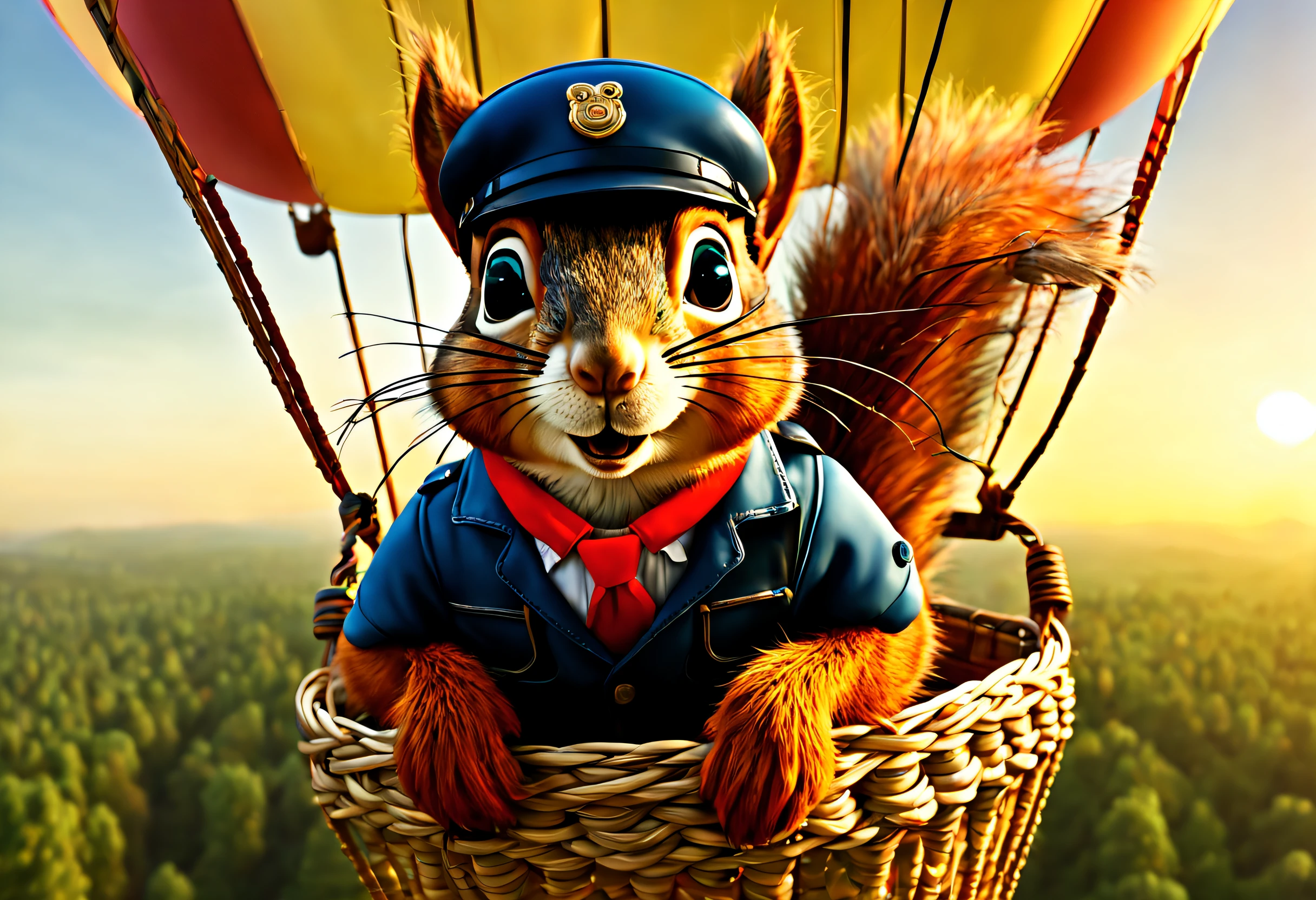 (best quality, 4k, 8k, high resolution, masterpiece: 1.2), ultra detailed, (realistic, photorealistic, photorealistic: 1.37), (An adventurous squirrel inside a hot air balloon: 1.42), dressed in glasses and aviator hat . Backlit construction scene. Image taken from a cartoon movie