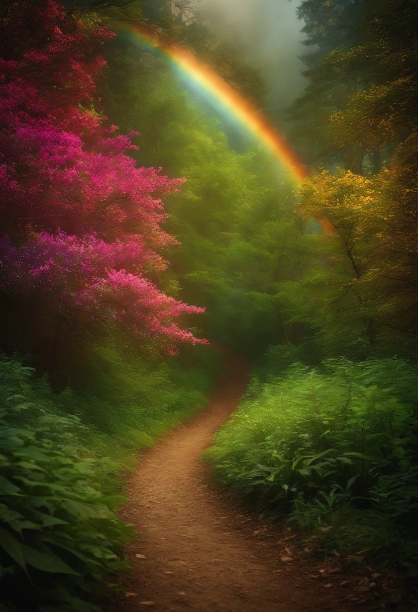 The rainbow path is a tree々And through the rainbow forest, Rainbow Trail, ethereal rainbows, Complex rainbow environment, magical forest backround, enchanted magical fantasy forest, magical forest, Beautiful spectrum of vibrancy, magical fantasy forest, magic fairy forest, An enchanted forest, MagicWorld. Colorful, Magic forest in the background, rainbow, magical colors and atmosphere
