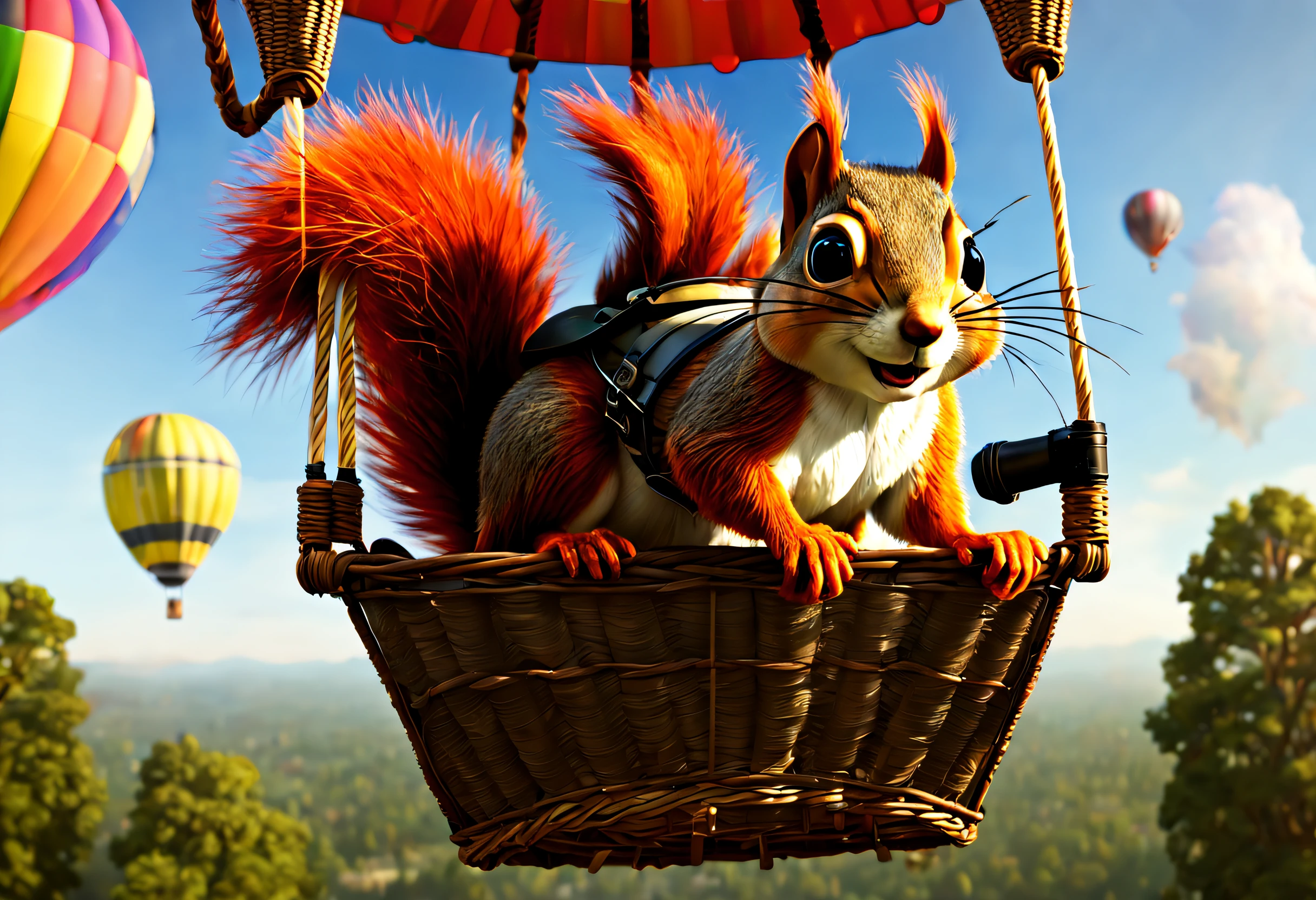 (best quality, 4k, 8k, high resolution, masterpiece: 1.2), ultra detailed, (realistic, photorealistic, photorealistic: 1.37), (An adventurous squirrel inside a hot air balloon: 1.42), dressed in glasses and aviator hat . Backlit construction scene. Image taken from a cartoon movie