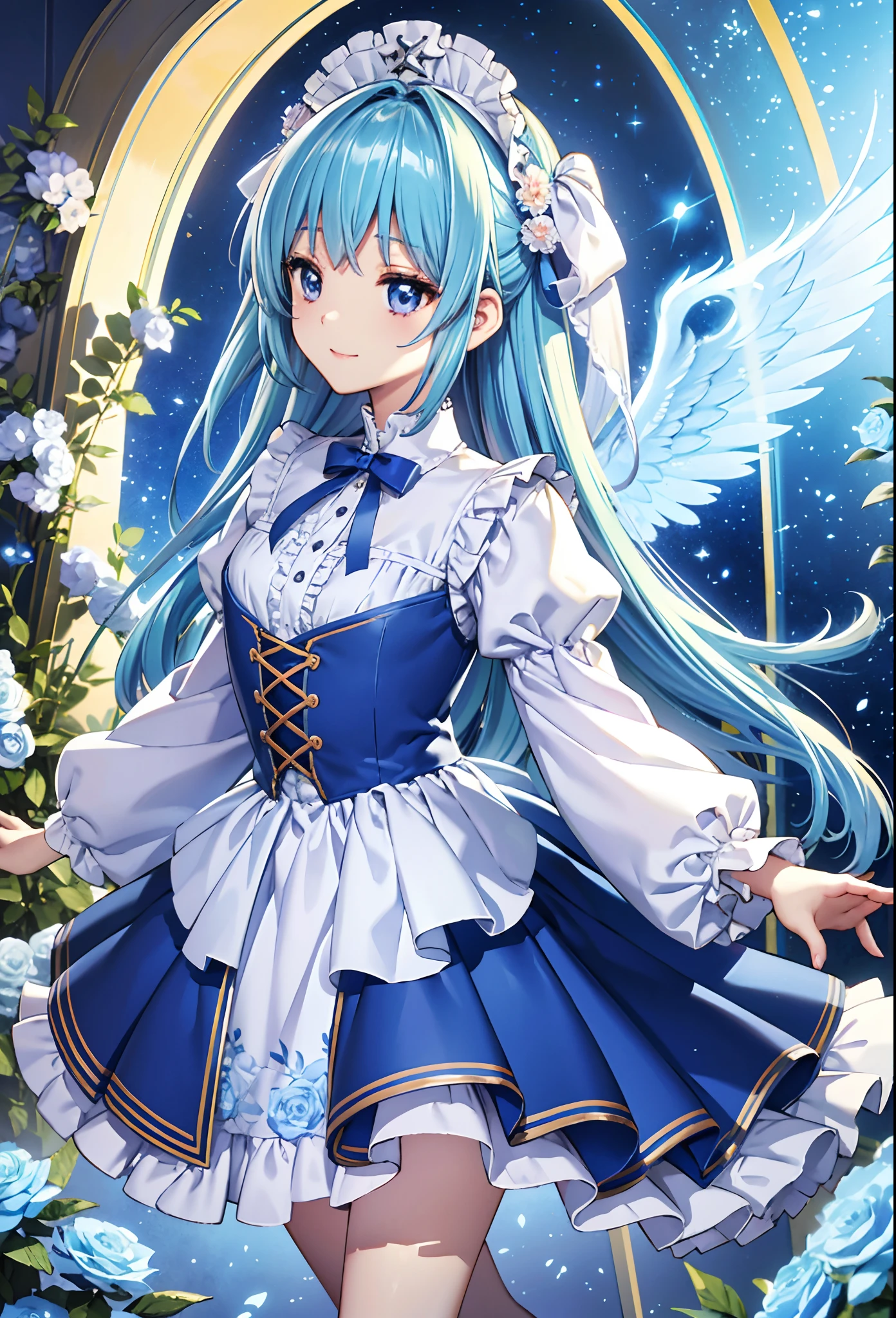 Angel wings shining in seven colors、Kawaii Girl、adorable smiling、Light blue long hair、Twin-tailed、Colorful angel costume in lolita style with ruffles、Blizzard of flowers fluttering(Some photos)、((top-quality))、((​masterpiece))、(ighly detailed、highestdetailed、Official art、Beautifully Aesthetic:1.2)