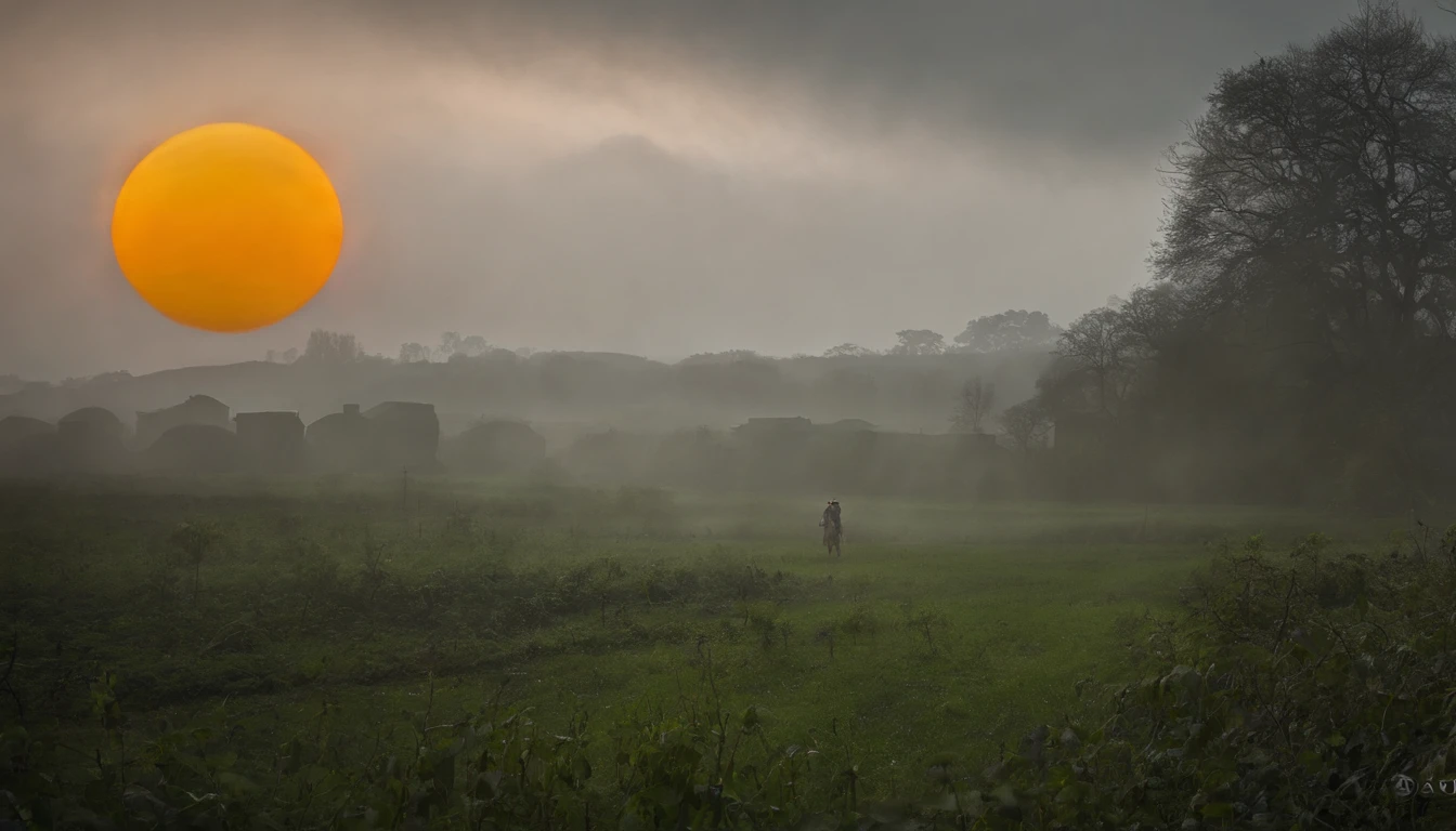 a green path in the middle of a darker field, ((((giant sun)))),an ultrafine detailed painting by Daren Bader, shutterstock contest winner, neo-romanticism, soft mist, made of mist, deviantart,Fujifilm XT3,by Steve McCurry, by Alessio Albi, by Lee Jeffries, by Herb Ritts, by Jeremy Man,long shot,wide view, commercial photography