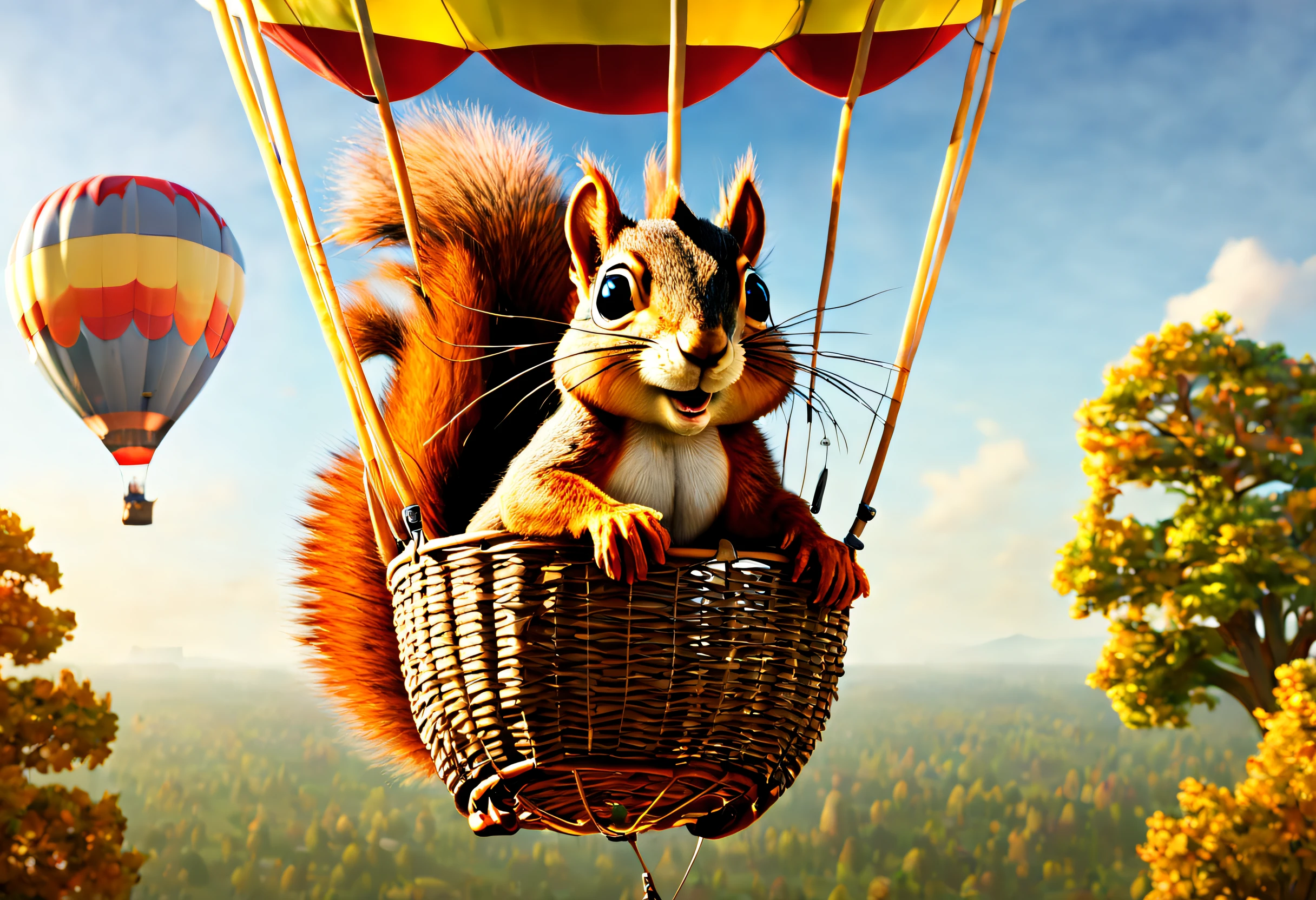 (best quality, 4k, 8k, high resolution, masterpiece: 1.2), ultra detailed, (realistic, photorealistic, photorealistic: 1.37), (An adventurous squirrel inside a hot air balloon: 1.42), dressed in glasses and aviator hat . Backlit construction scene. Image taken from a cartoon movie