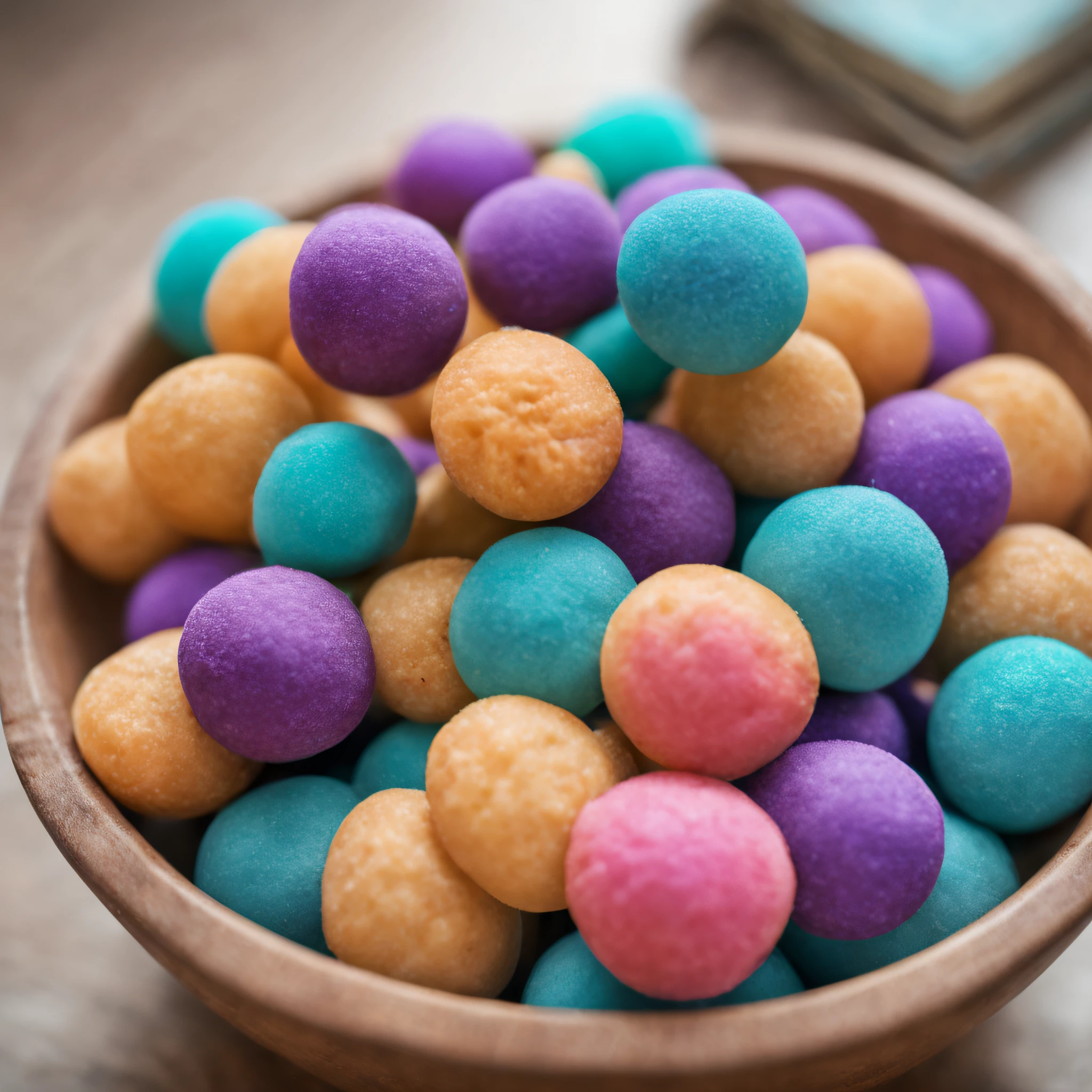 A close-up shot of a bowl or bag full of delicious Hangiball, a popular snack. The Hangiball are perfectly round, with a smooth surface that is free of cracks or irregular bumps. They are piled high in their container, with some pieces spilling over the edge, adding a sense of abundance. The scene is set in a casual dining environment, with blurred background elements that suggest a relaxed, everyday setting. The lighting should be warm and inviting, highlighting the appetizing qualities of the Hangiball and the cozy atmosphere of the setting,Purple.tawny,