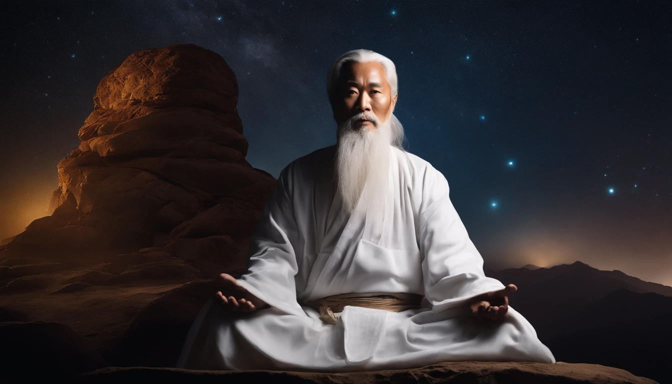 30-year-old Asian middle-aged Taoist elder sitting in cosmic close-up,long white hair,A meditative,There is a white beard,Meditation cross-legged,Daoism, Wear a white robe and a white belt,Space starry sky background,at centre,Face the lens,milky ways,magic aura,Taoist master,Taoist,universe background,Very bright colors, with light glowing, Mshiv, wallpaper art, UHD wallpaper