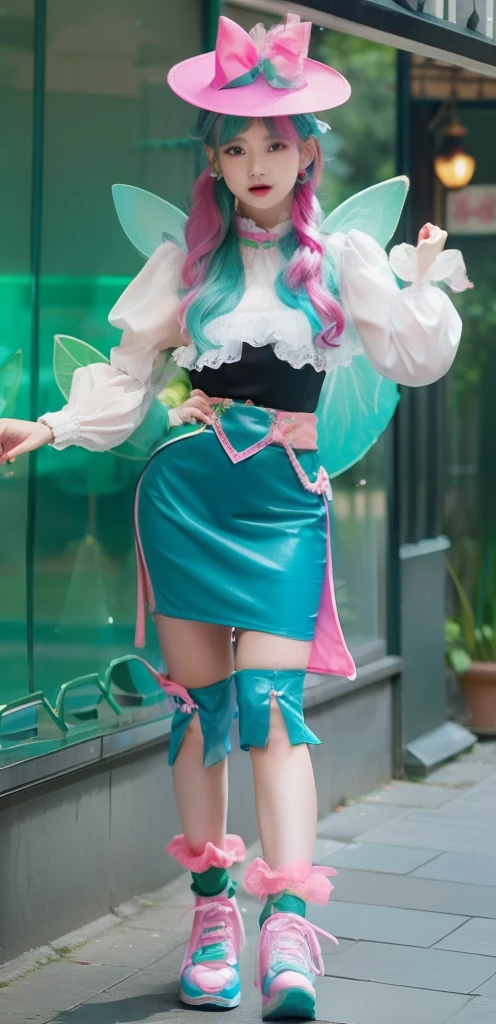 female idol、full body Esbian、white shorts costume、Fluorescent Green Hair、dark stockings、cyberpunked