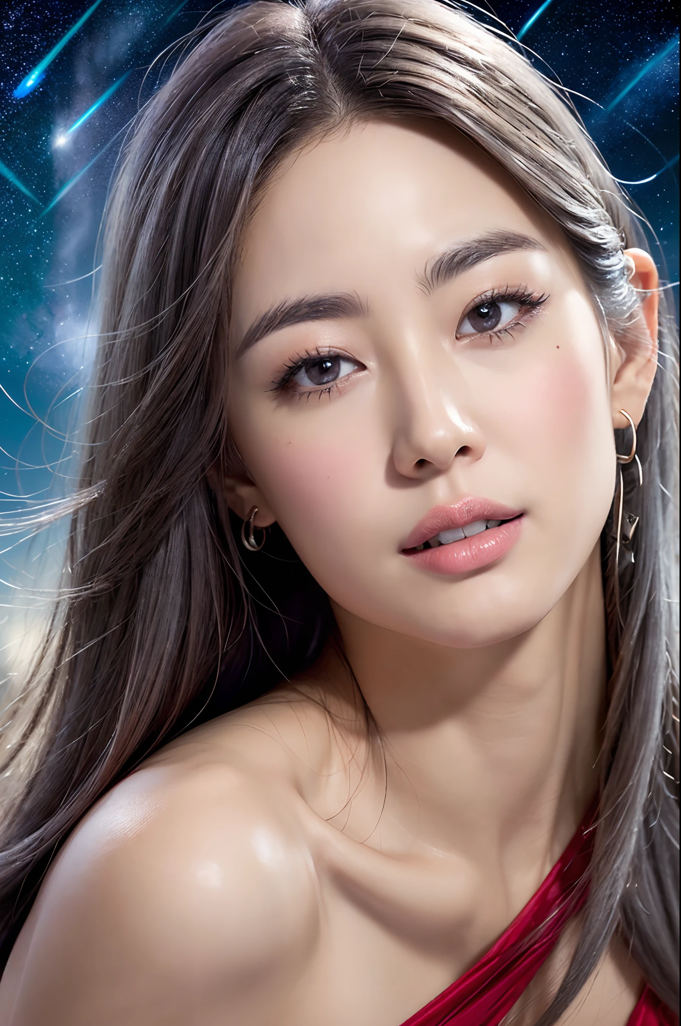 (8K, RAW Photos, of the highest quality, Masterpieces: 1.2)、((Red dress、heel、crouching down)),1 persons、((Angle from a distance、The whole body is reflected:1.5、Head-to-toe angle)), super detailed, Super Resolution, (Realistic, Real Photos: 1.37), Portraits, high resolution RAW color photos, Professional Photos, highly detailed and beautiful, Highly detailed, 8K Picture Wallpaper, Amazing details、Cute beautiful woman with perfect body: 1.4、Slim big: 1.2、Full body image, ((Gray hair、Longhaire, Colossal tits: 1.2)) 、(High Definition Breast、happy facial expression、Standing:1.2)、((natta、Big Moon、Beautiful starry sky、Women as the main focus))、High-definition face and skin texture、A detailed eye、二重まぶた、Highly detailed and focused chest、mysterious background