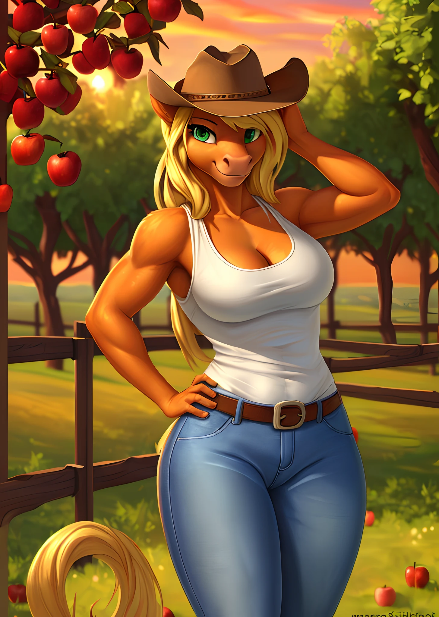 [applejack], [Uploaded to e621.net; (siden), (Pixelsketcher), (mayosplash)], ((masterpiece)), ((HD)), ((high quality)), ((solo portrait)), ((cowboy shot)), ((furry; anthro)), ((detailed fur)), ((detailed shading)), ((beautiful render art)),  ((intricate details)), {anthro horse; (slim figure), (orange fur), bright green eyes, horse snout, long blonde hair, (gorgeous hips), (defined muscles), happy smile}, {(white Tank top, (cleavage), (tight blue jeans), brown cowboy boots, cowboy hat}, {(standing), (hand on hip), (hand on head), (looking at viewer)}, [background; (apple orchard), (sunset)]