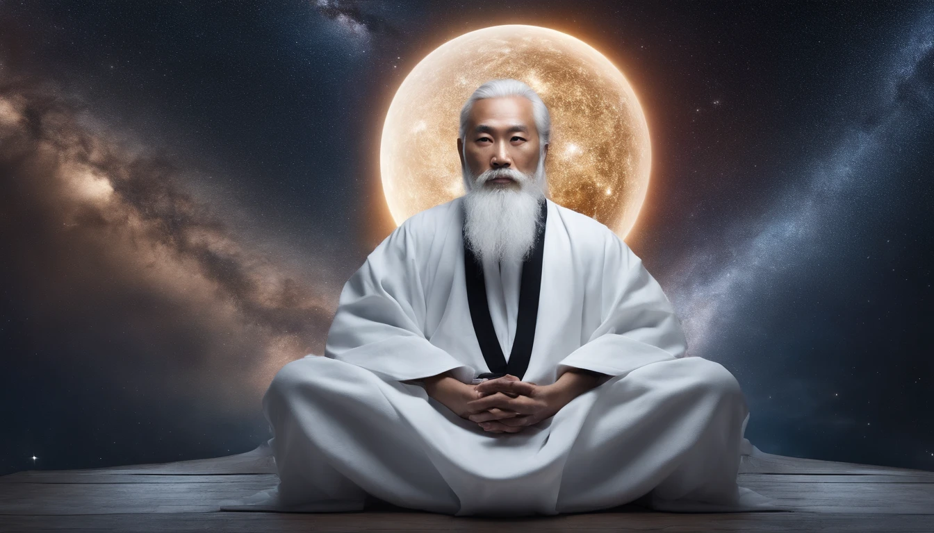 30-year-old Asian middle-aged Taoist elder sitting in cosmic close-up,long white hair,A meditative,Has a white beard,Meditation cross-legged,Daoism, Wear a white robe and a white belt,Space starry sky background,at centre,Face the lens,milky ways,magic aura,Taoist master,Taoist,universe background,Very bright colors, Light particles, with light glowing, Mshiv, wallpaper art, UHD wallpaper
